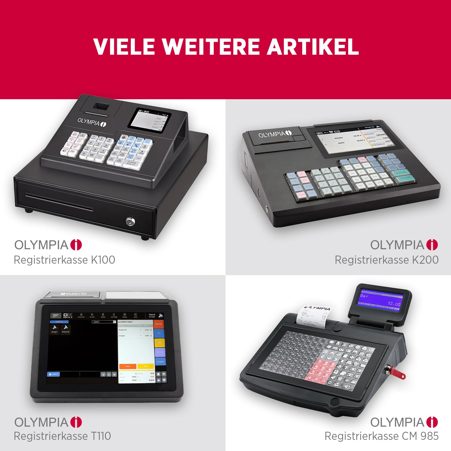 Olympia K200 Plus Registrierkasse 7-Zoll Touchdisplay LED Kundenanzeige 80mm Thermodrucker Flachtastatur 84 Tasten grafisches Bonlogo