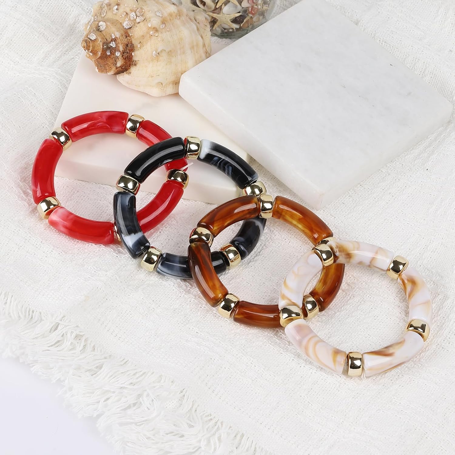 6PCS Acrylic Stretchy Bracelet, Stackable Chunky Bracelets, Resin Bamboo Bead Bangle Bracelet for Women as Jewelry Gift - Image 3