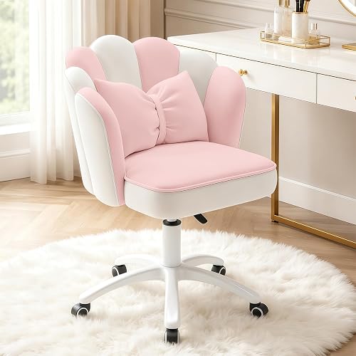 HDHNBA Silla Vanity Terciopelo Pétalo - Silla de Escritorio Acolchada Moderna con Tapicería Acanalada y Respaldo,Silla de Computadora Ajustable en Altura para Dormitorio y Sala de Estar(Rosa y Blanco)