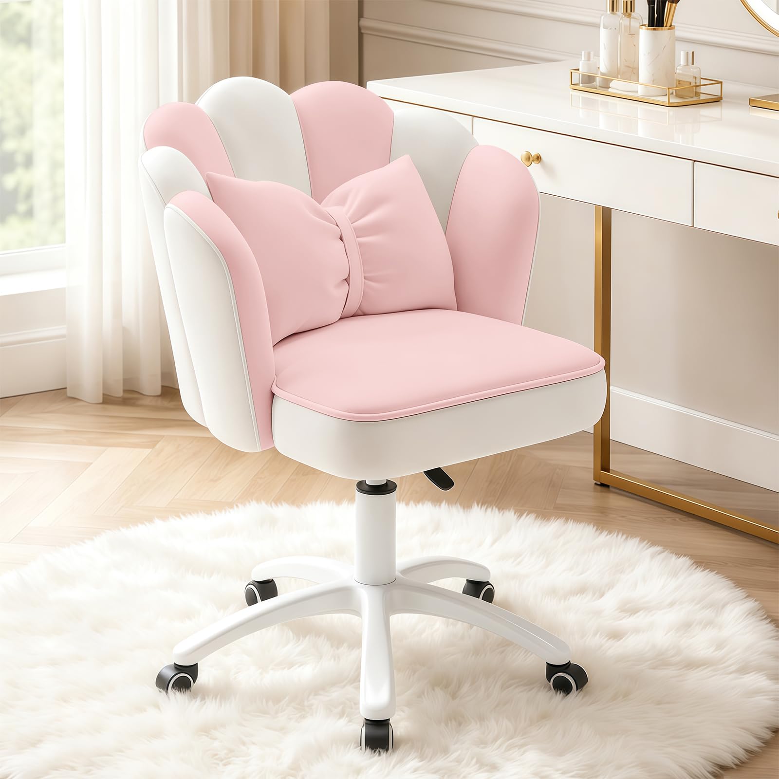 Sedia Vanity Velluto Petalo - Sedia da Scrivania Moderna Imbottita e Trapuntata con Schienale,Sedia da Ufficio Regolabile in Altezza per Camera da Letto e Soggiorno(Rosa e Bianco)