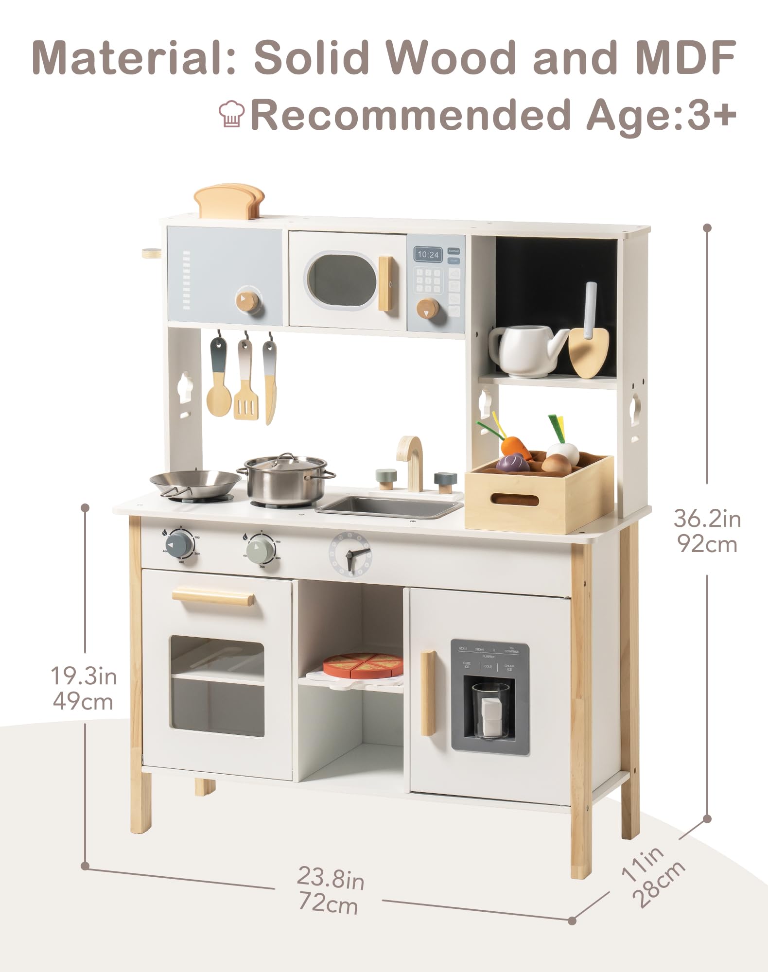 ROBOTIME Kinder-Holzspielküche mit Brotmaschine, Eiswürfelspender, Tafel und mehr, inklusive Spiel-Lebensmitteln Mädchen und Jungen ab 3 Jahren | Kinderküche Zubehör mit Toaster, Eismaschine, Schneidelebensmitteln und Pizza, Geschenk für Mädchen und Junge