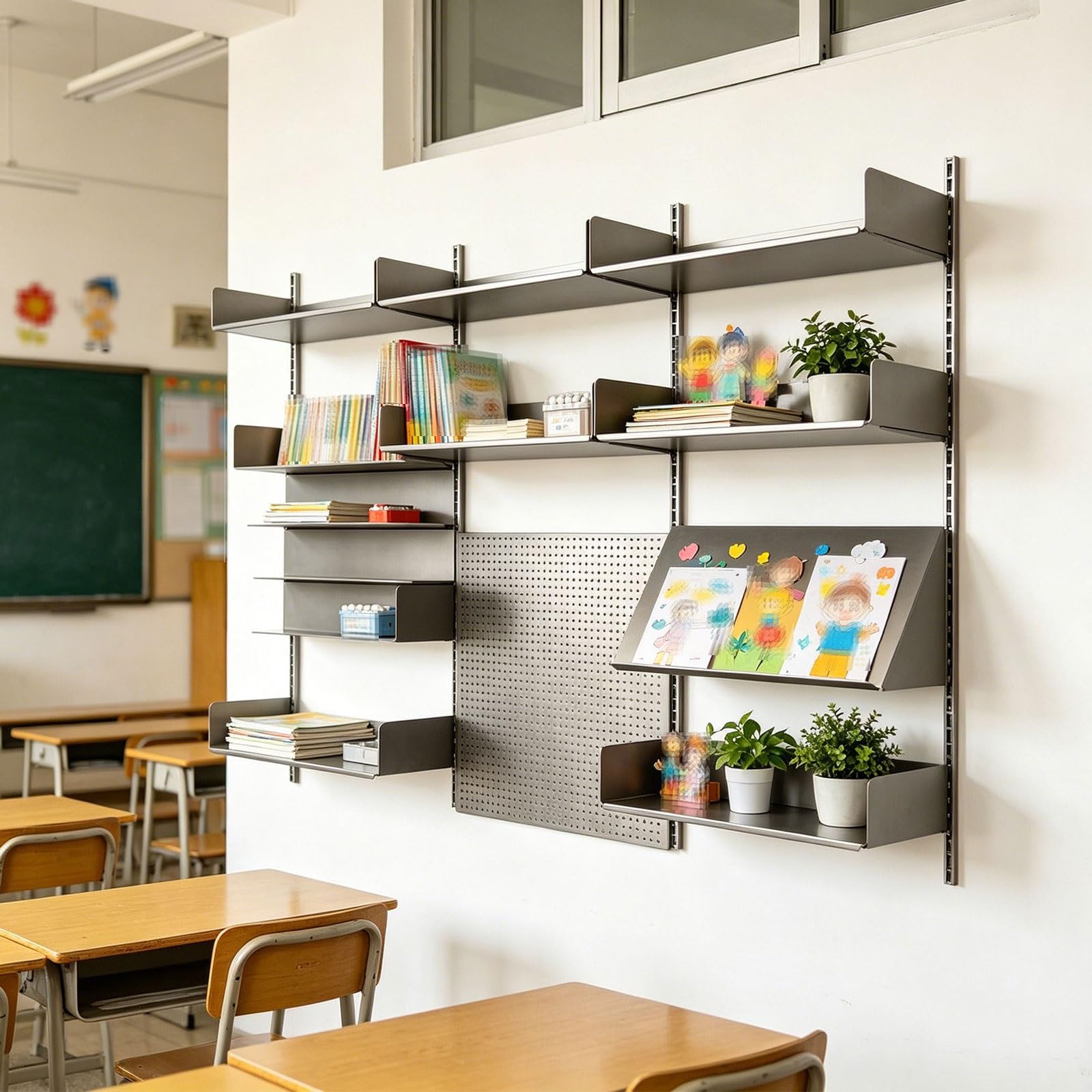 Panel Perforado Pared Metal Acero Inoxidable Organizador Pared Cocina Altura de Estantes Ajustable Pegboard Organizer Kit Capacidad de Carga de 50Kg por Estante
