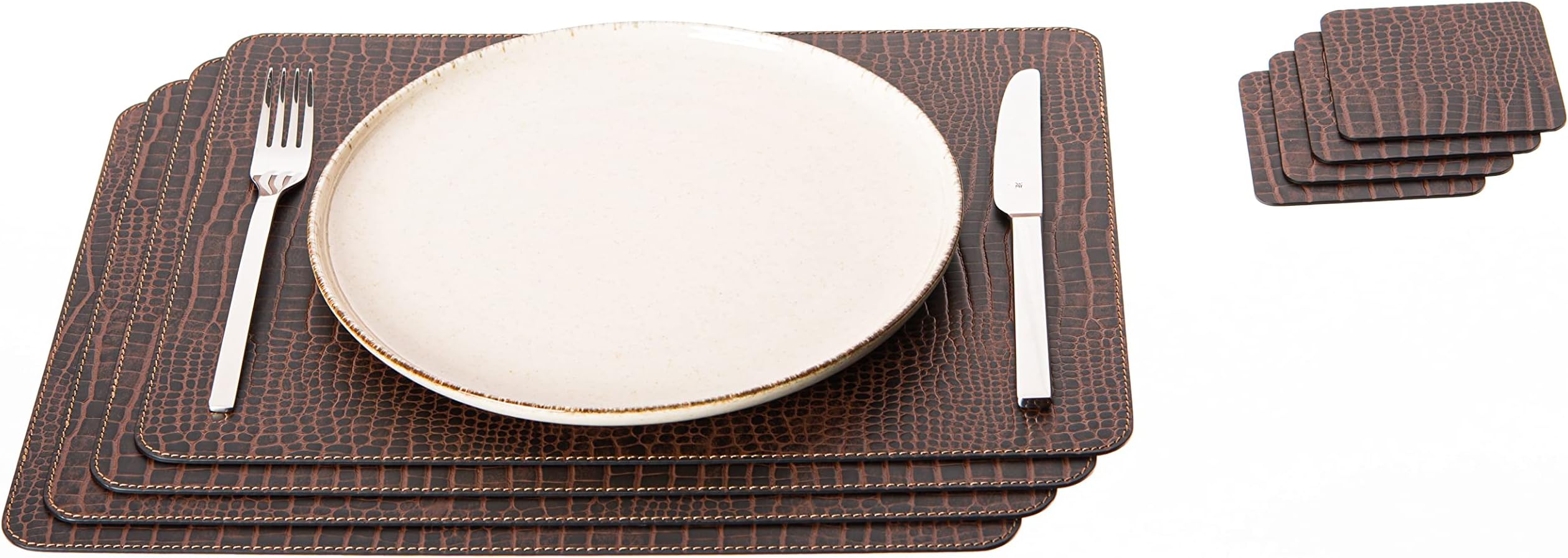 Nikalaz Set of 4 Placemats and 4 Coasters Made of Recycled Leather (18''x13'', Crocodile Embossing)