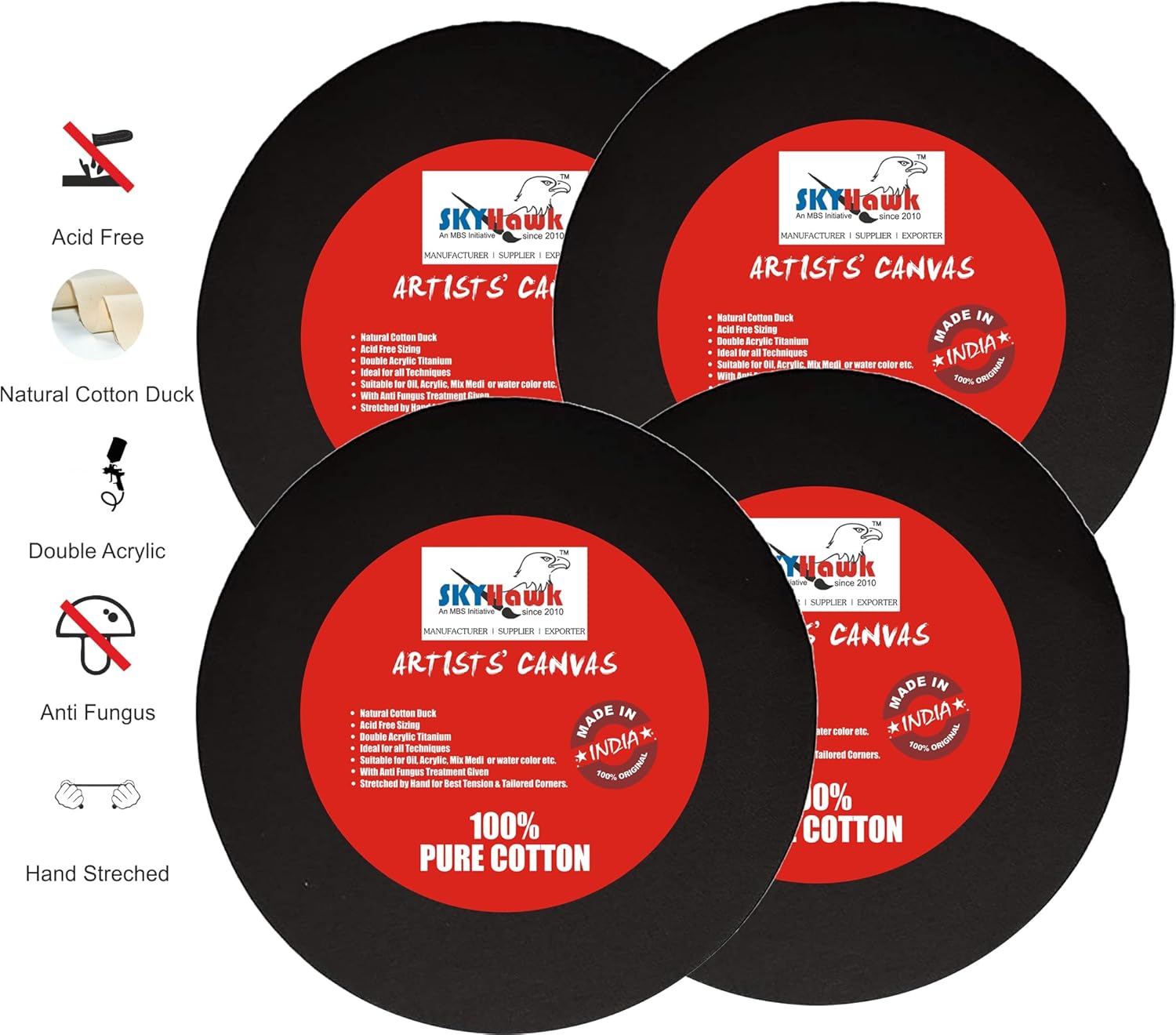 SKYHawk Primed Natural Cotton Duck PreStretched Round Canvas Ideal for A Techniques Suitable for Oil Acrylic, Mix Medi or Water Color, Set of 4 (Black, 10 Inch)