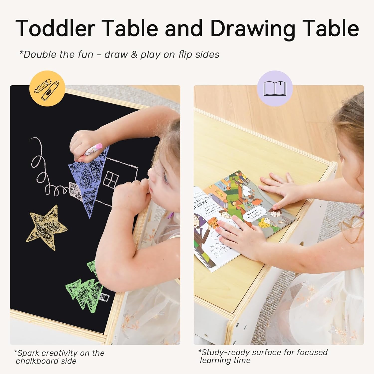Juego de mesa y sillas para niños pequeños 4 en 1, mesas de juego para niños con almacenamiento, mesas sensoriales de madera con placa base de bloqueo de doble cara, mesa de actividades para 6