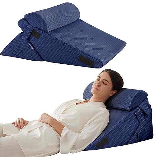 Bedluxe 3Pcs Orthopedic Bed Wedge Pillow Set, Foam Wedge Pillow Post Surgery for Back, Leg and Knee Support, Adjustable 9&12 Inch Folding Triangle Pillow for Sleeping, Acid Reflux, Snoring, Navy - Navy - Adjustable 9&12 Inch + 1 Head Pillow