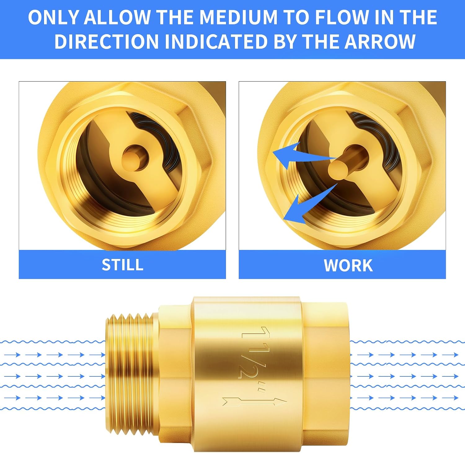ChillWaves Brass In-Line Spring Check Valve 1-1/2" NPT Male x 1-1/2" NPT Female Thread, One-Way Non-return Vertical Check Valve for Backflow Prevention(1-PACK)