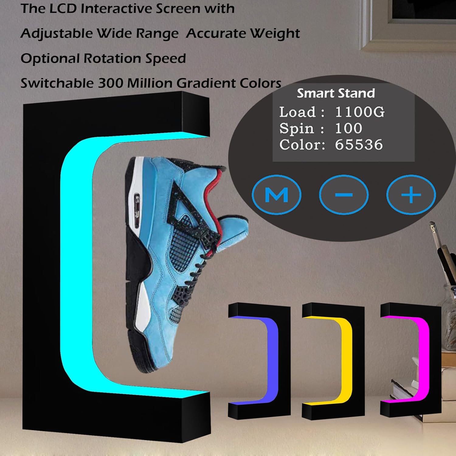 Levitating Shoe Display Magnetic Floating Sneaker Stand LCD Interactive Screen Adjustable Wide Range Accurate Weight Optional Rotation Speed Colorful LED Lights Acrylic Rack Exhibition Christmas Gift