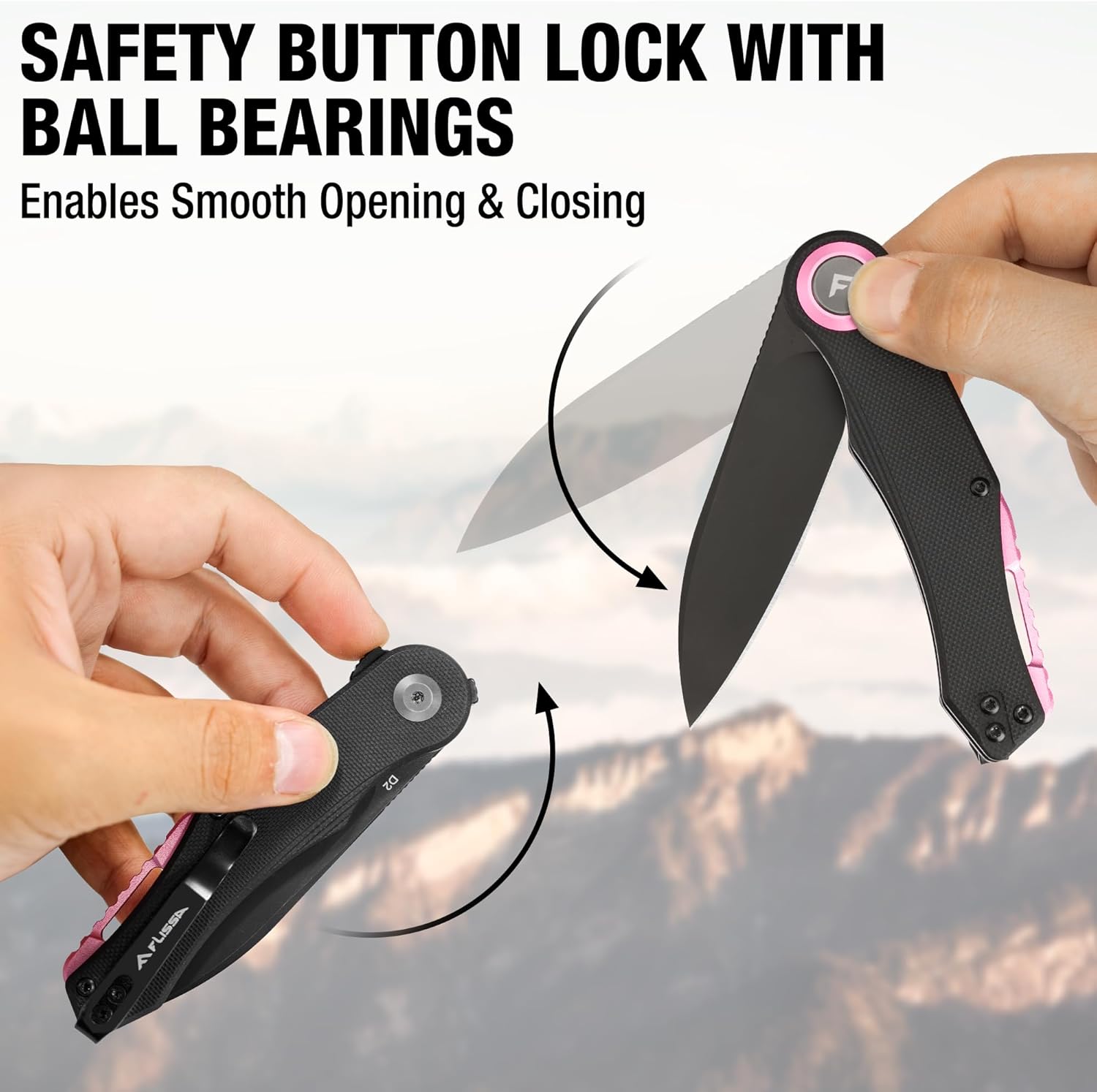 FLISSA Button Lock Folding Knife, 3.1" D2 Steel Blade EDC Pocket Knife with G10 Handle, Flipper, Belt Clip, Bearings for Outdoor Camping, Hiking, Fishing, Hunting, Gift for Men & Women (Purple)
