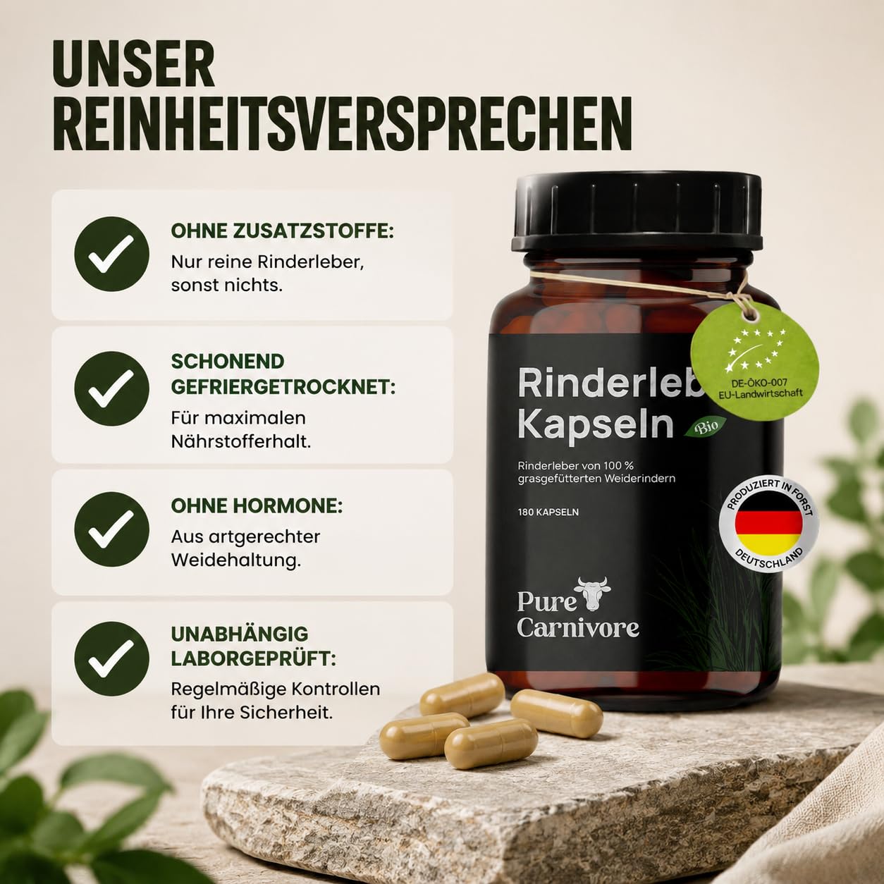 Bio Rinderleber Kapseln 180 Stück | 30-Tage-Packung | Weiderinder | Natürliches Vitamin A, B12, Eisen, B2, B3, B5, Folsäure, Kupfer | Für Keto- & Paleo-Ernährung