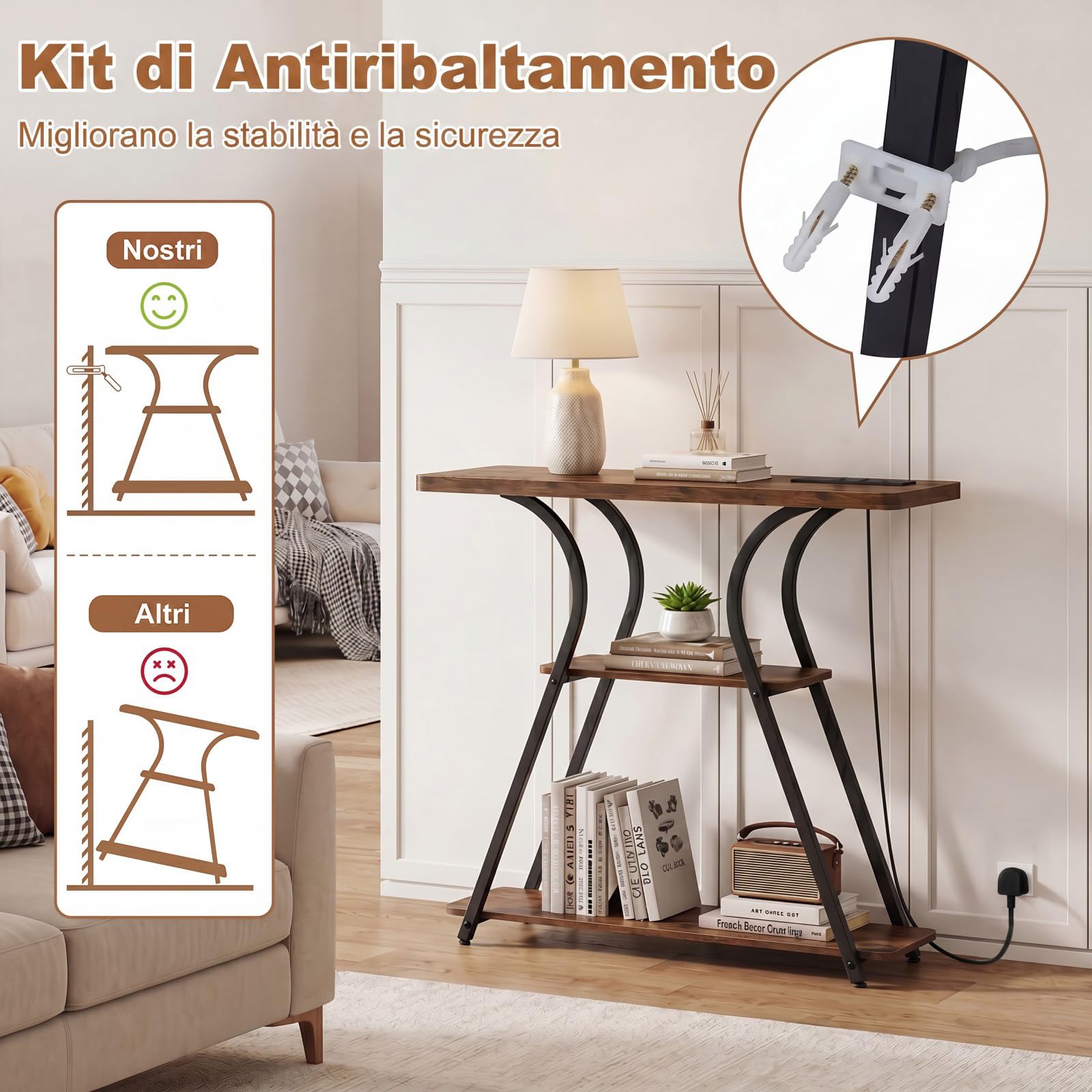 COSTWAY Consolle Ingresso, Tavolo d'Ingresso a 3 Ripiani con Luce, Stazione di Ricarica e Telecomando, Consolle Salvaspazio con per Corridoio, Entrata e Salotto 79,5 x 30,5 x 81,5 cm (Marrone)