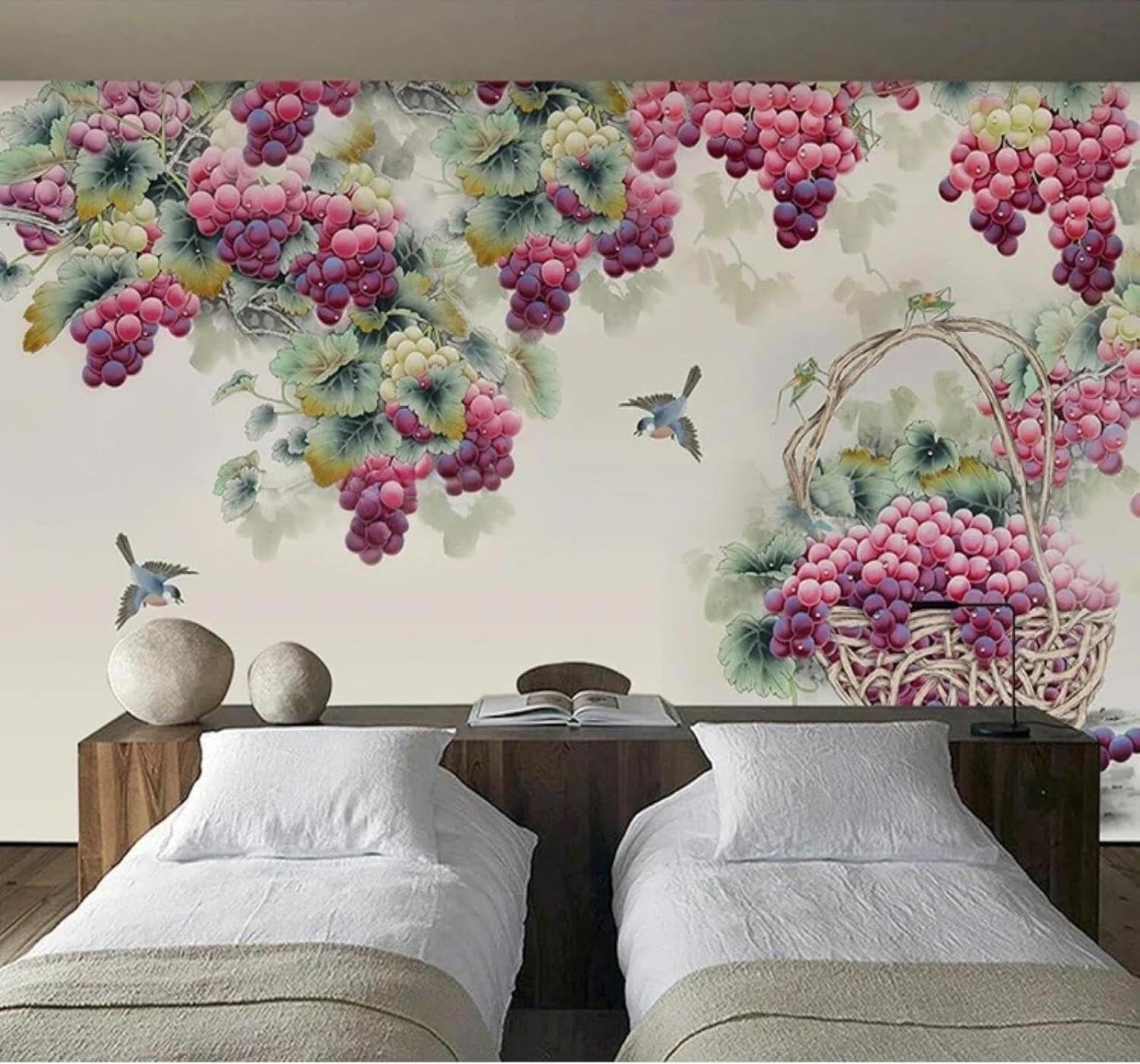 Tzxztt 400Cm×280Cm(B×H) Hand Painted Fruit Purple Grapes Birds Modern 3D Wallpaper Premium Textured Silk Neutral Tones Material Ideal For Living Room Bedroom-400Cm×280Cm