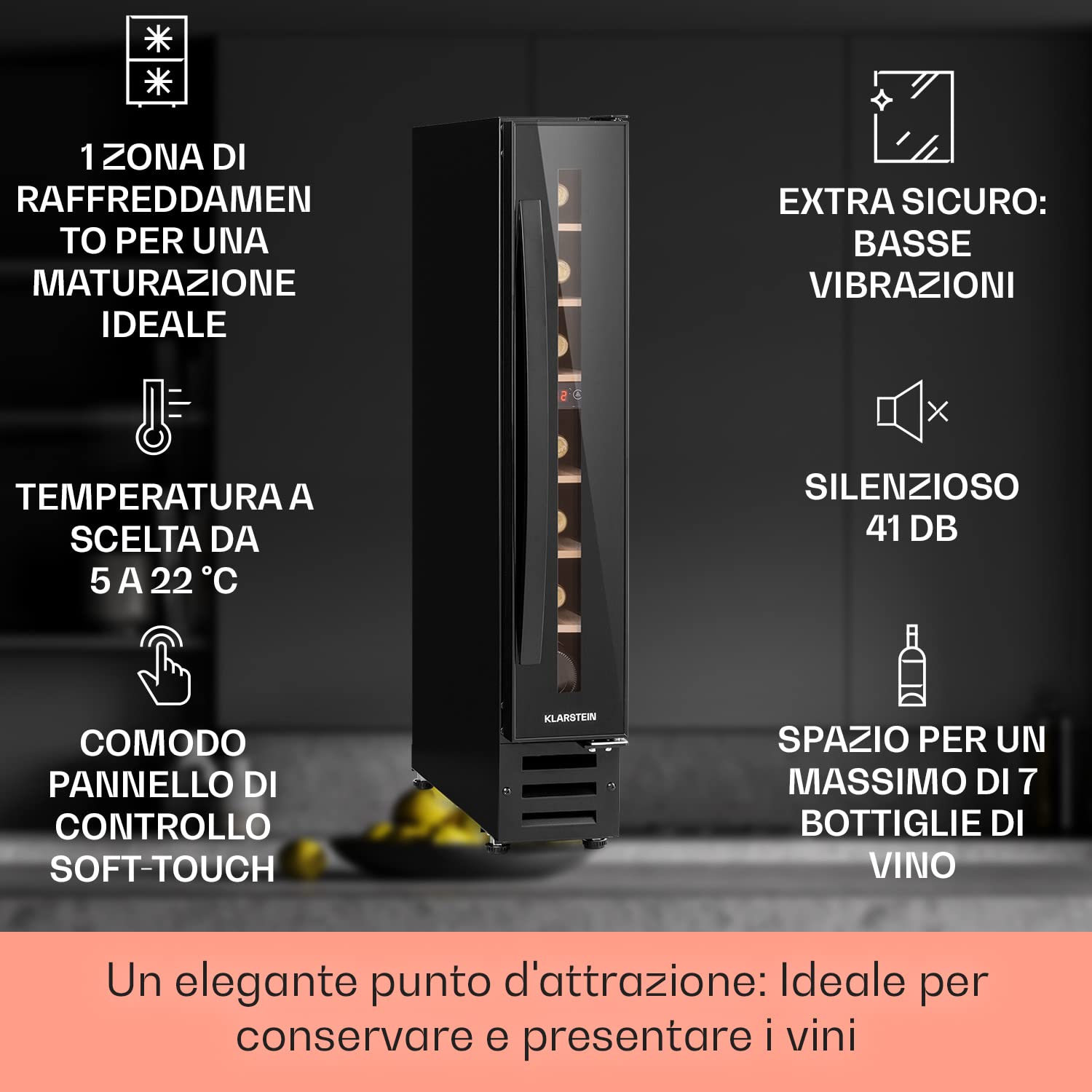 KLARSTEIN Cantinetta Vino Design da Incasso, Refrigerata a Zona Singola per Vino Rosso, Bianco e Birra, Controlli Touch, Frigo per Esterno/Interno, 20L, 7 Bottiglie