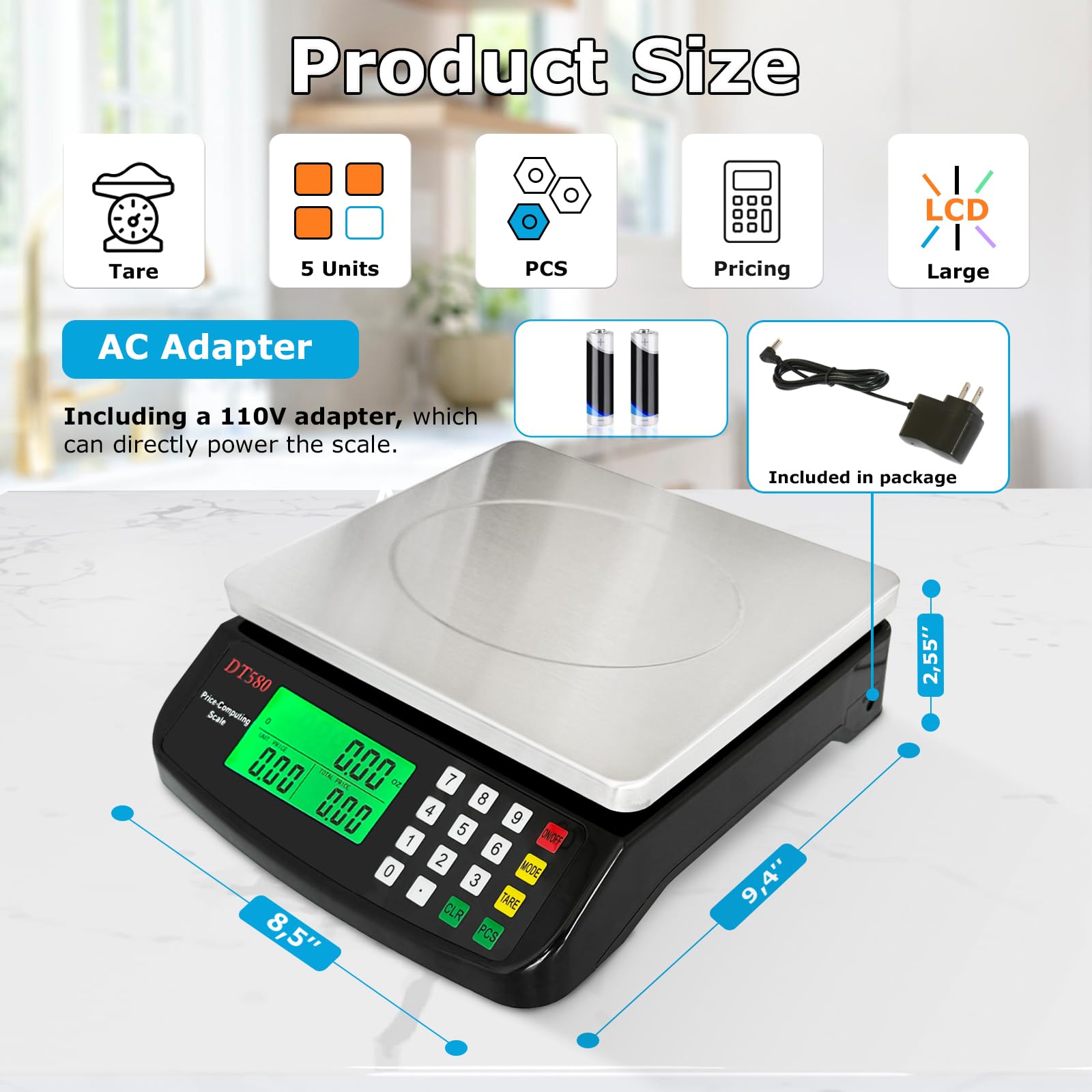 Báscula digital grande de cocina de 40 kg, de acero inoxidable, báscula de conteo de precios, báscula de conteo de delicatessen con pantalla LCD para hornear pan, cocinar carne, piezas de preparación