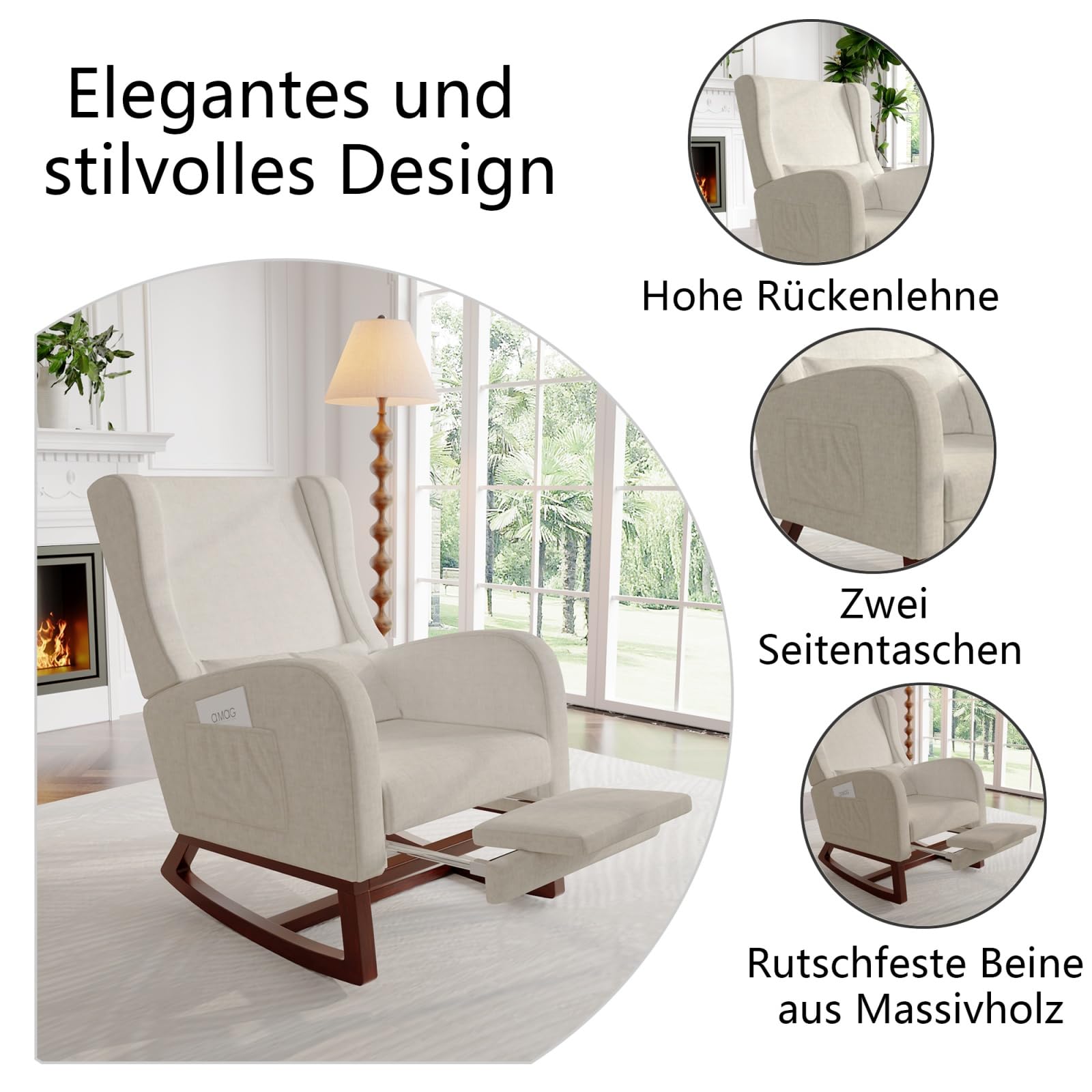 Mecedora con reposapiés Ajustable y 2 Bolsillos Laterales, sillón de Lactancia Acolchado con cojín Lumbar, Respaldo y reposabrazos, Silla de Relax para salón Dormitorio (Beige)