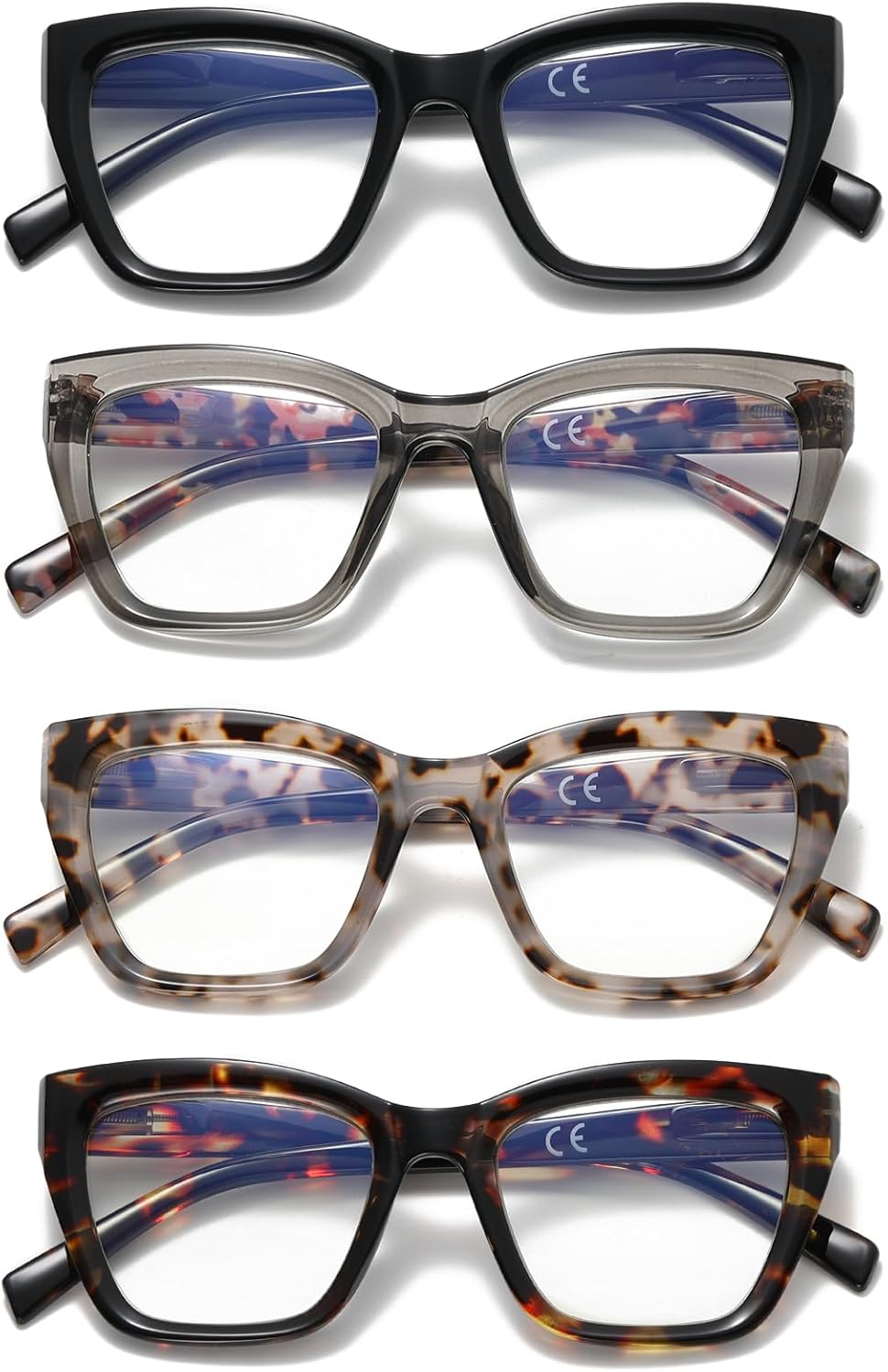 Cat Eye Reading Glasses for Women, 4 Pack Fashion Oversized Blue Light Blocking Computer Readers with Spring Hinge