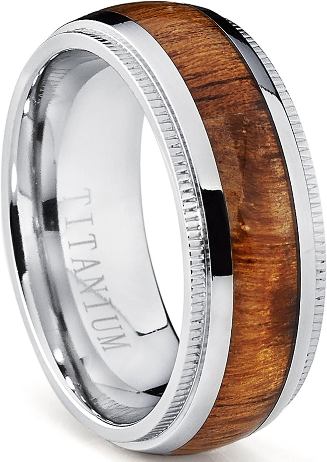 Titanium Wedding Band, Engagement Ring with Real Hawaiian Koa Rosewood Inlay, 8mm comfort fit SZ 10