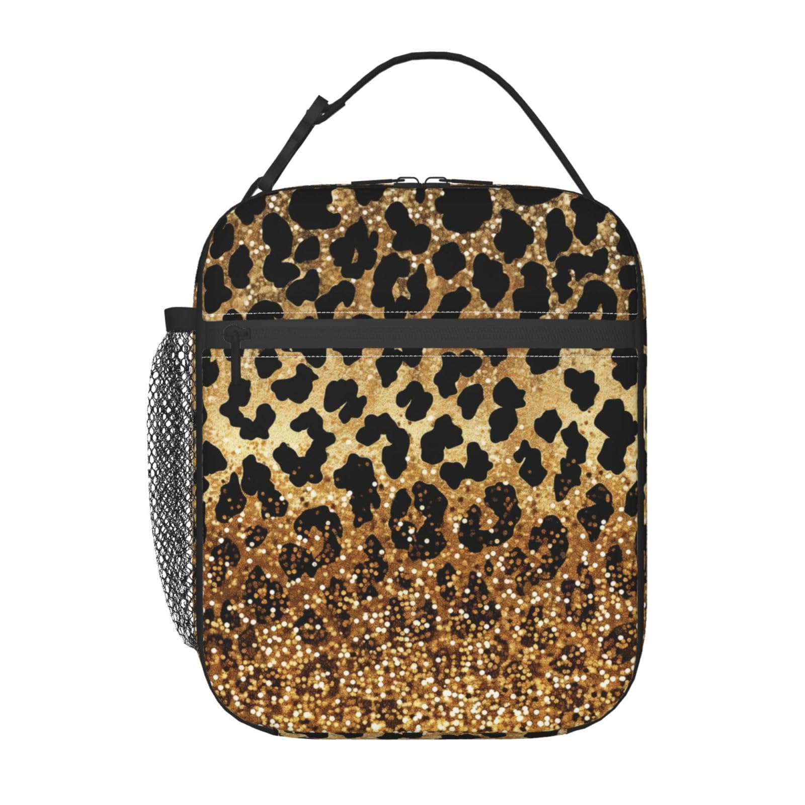 Reusable Leopard Print Lunch Box for Kids Gils Boys Women Adult, Insulated Cheetah Lunch Bag,Polyester Cooler Handbags Case for School Picnic Work Travel Beach or Hiking (Gold and Black)