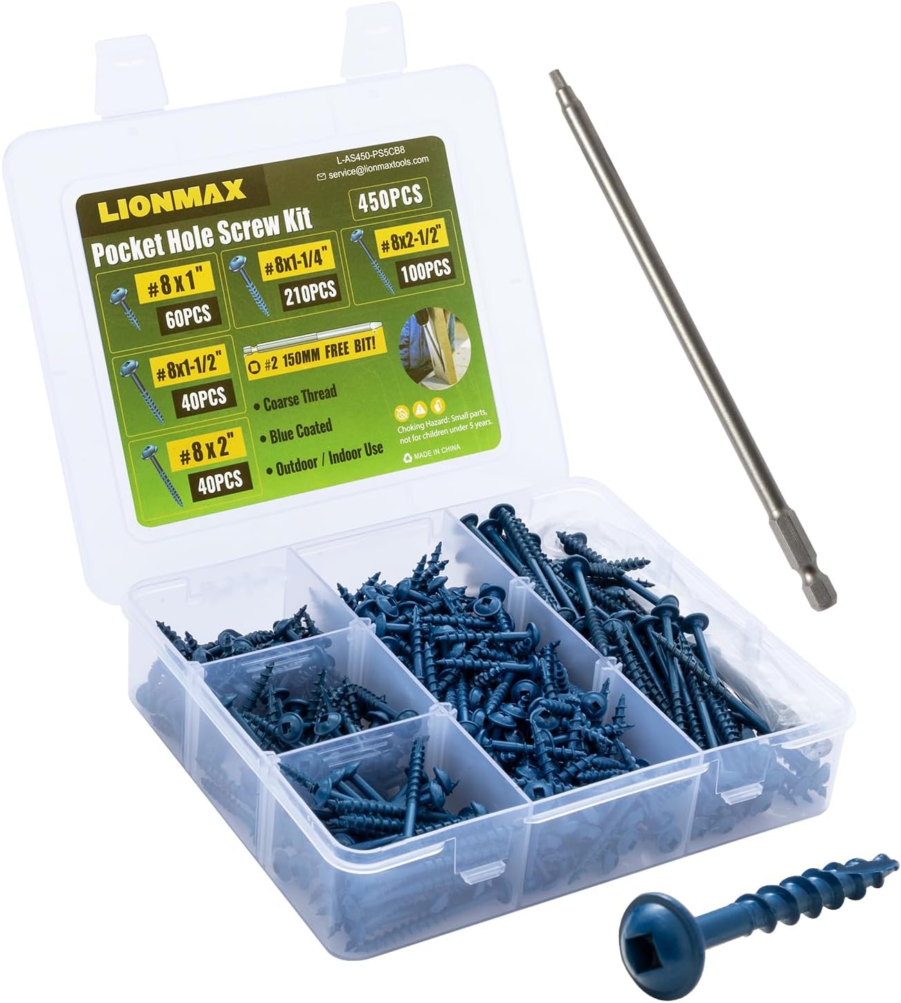 LIONMAX Pocket Hole Screws Assortment Kit, 450 PCS in 5 Sizes, 8 x 1, 1-1/4", 1-1/2", 2", 2-1/2", Blue Anti-Rust Coated Pocket Hole Screws for Exterior, Square Drive, 150MM Drive Bit Included