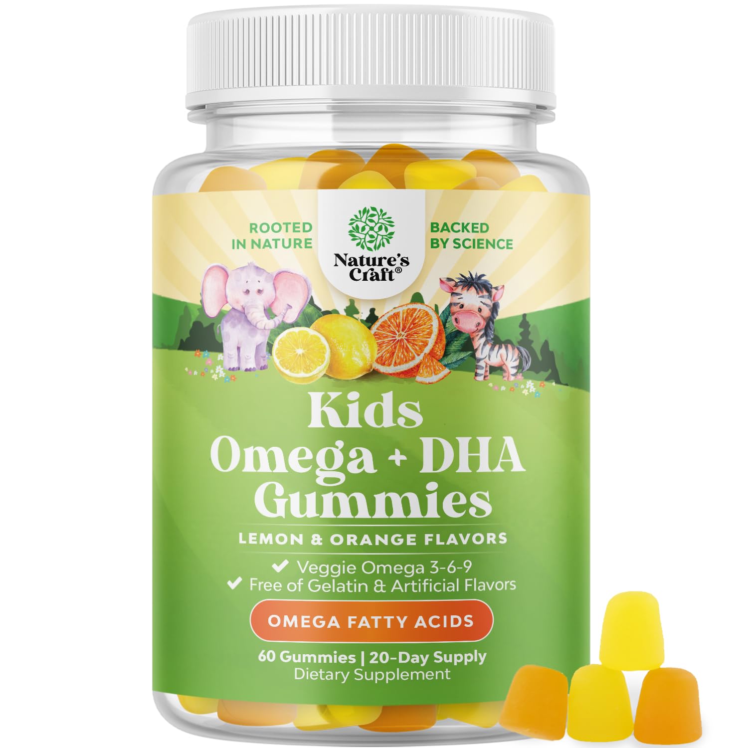 Kids DHA Omega 3 Gummies - Fatty Acids Omega 3 6 9 for Brain, Immune Strength & Vision - Nutritional DHA for Kids for Healthy Nervous System & Focus Support - Fish Free, Vegan & Non-GMO - 60 Chews