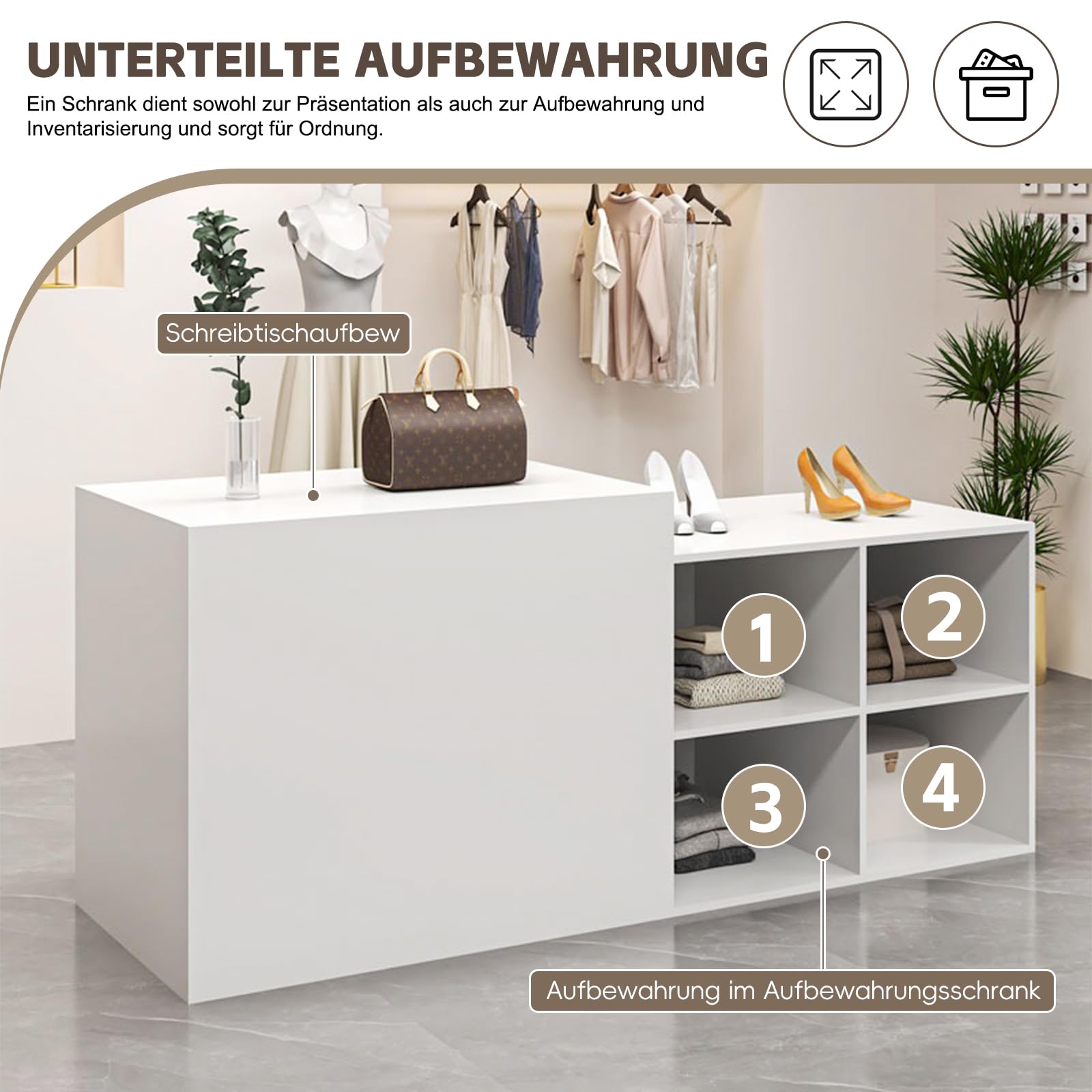 Empfangstheke, Modern Empfangstresen mit Schließfach und 2-Stufigem Design, 140–240 cm Großer Thekentisch, Geeignet für Salons, Büros, Lobbys, Einzelhandelsgeschäfte