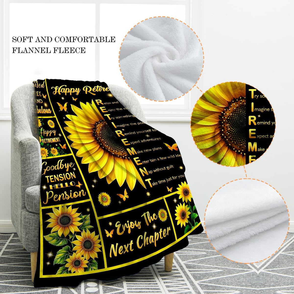 Jekeno Retirement Gifts for Woman, Sunflowers Throw Blanket Decor Gifts for Women Sunflower Lovers Mom Teacher Nurse Coworkers, Retirement Party Decoration for Home Living Room Bed Couch