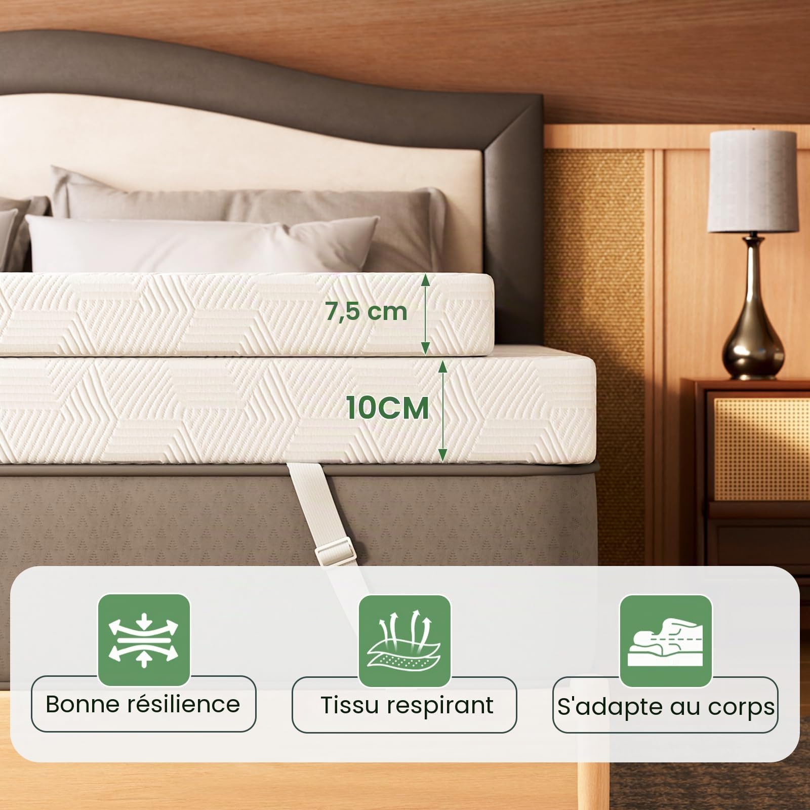 Surmatelas en Mousse à Mémoire de Forme et en Gel Refroidissant 160x200cm Matelas avec Housse Amovible - Épaisseur de 7.5cm