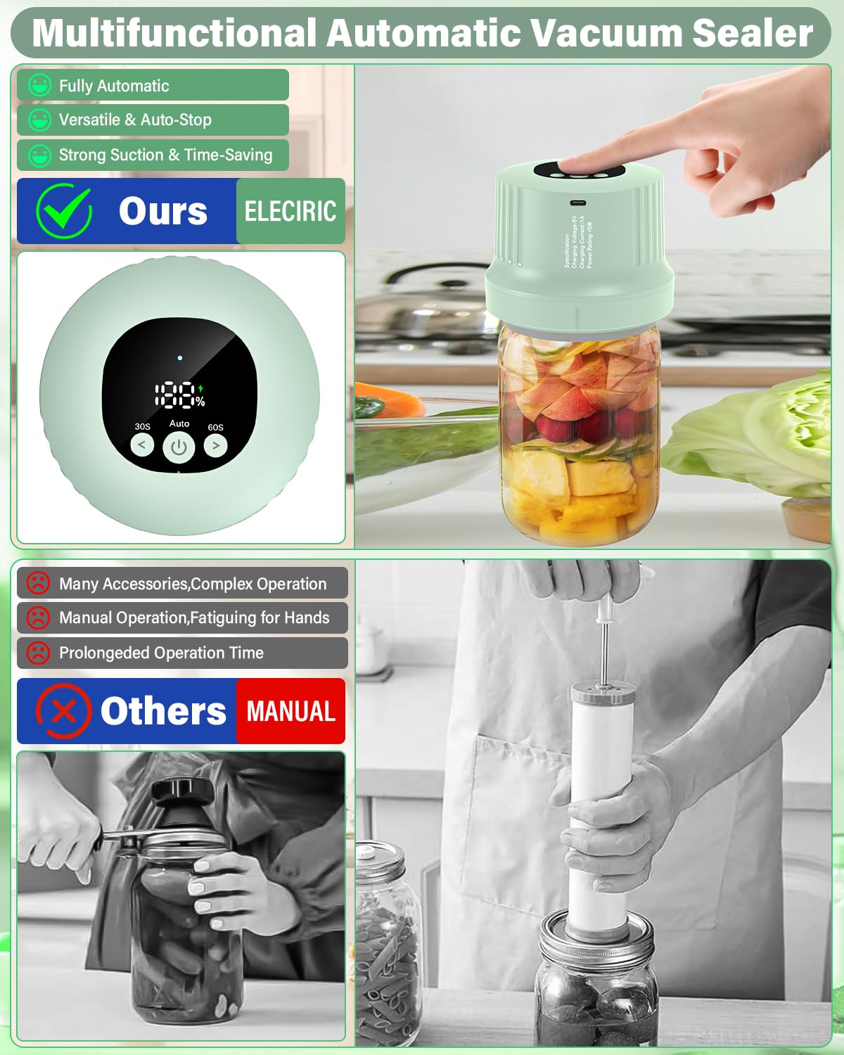 Mason Jar - Kit de sellador al vacío totalmente automático, sellador al vacío, 3 en 1, sellador al vacío inalámbrico con tapas Mason de boca ancha y regular, bolsas de vacío reutilizables, sellador al