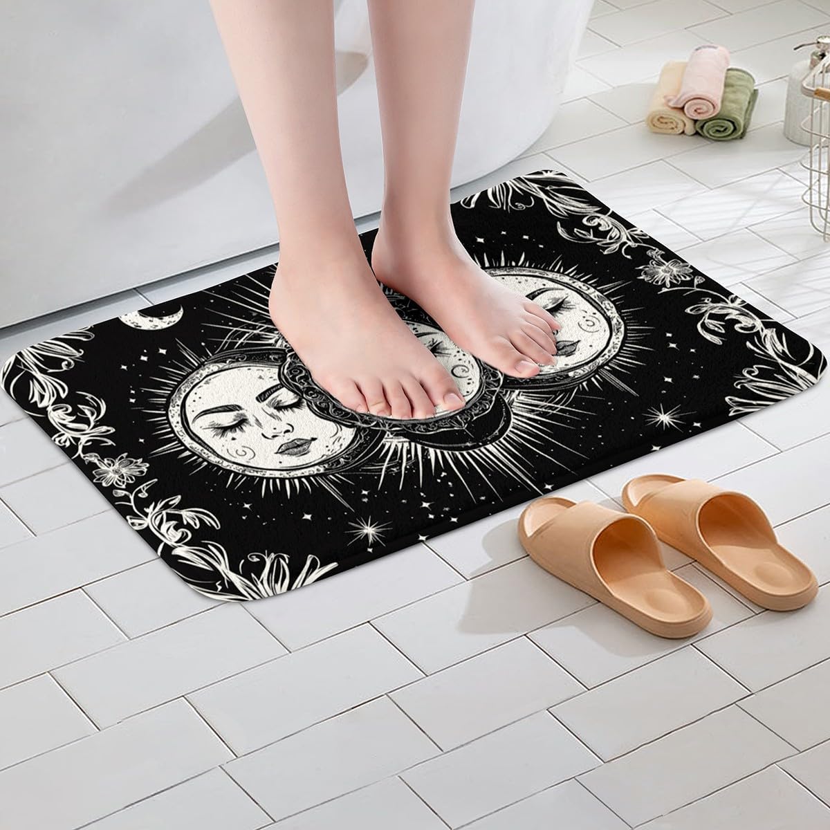 Feelyou Sun Moon Doormats Floor Mat 20"x32" Boho Exotic Bath Mats for Bathroom Boys Girls Teens Psychedelic Popular Mystic Bath Rugs for Shower Tub Non-slip Bohemian Bathroom Accossories Galaxy Floral image 3
