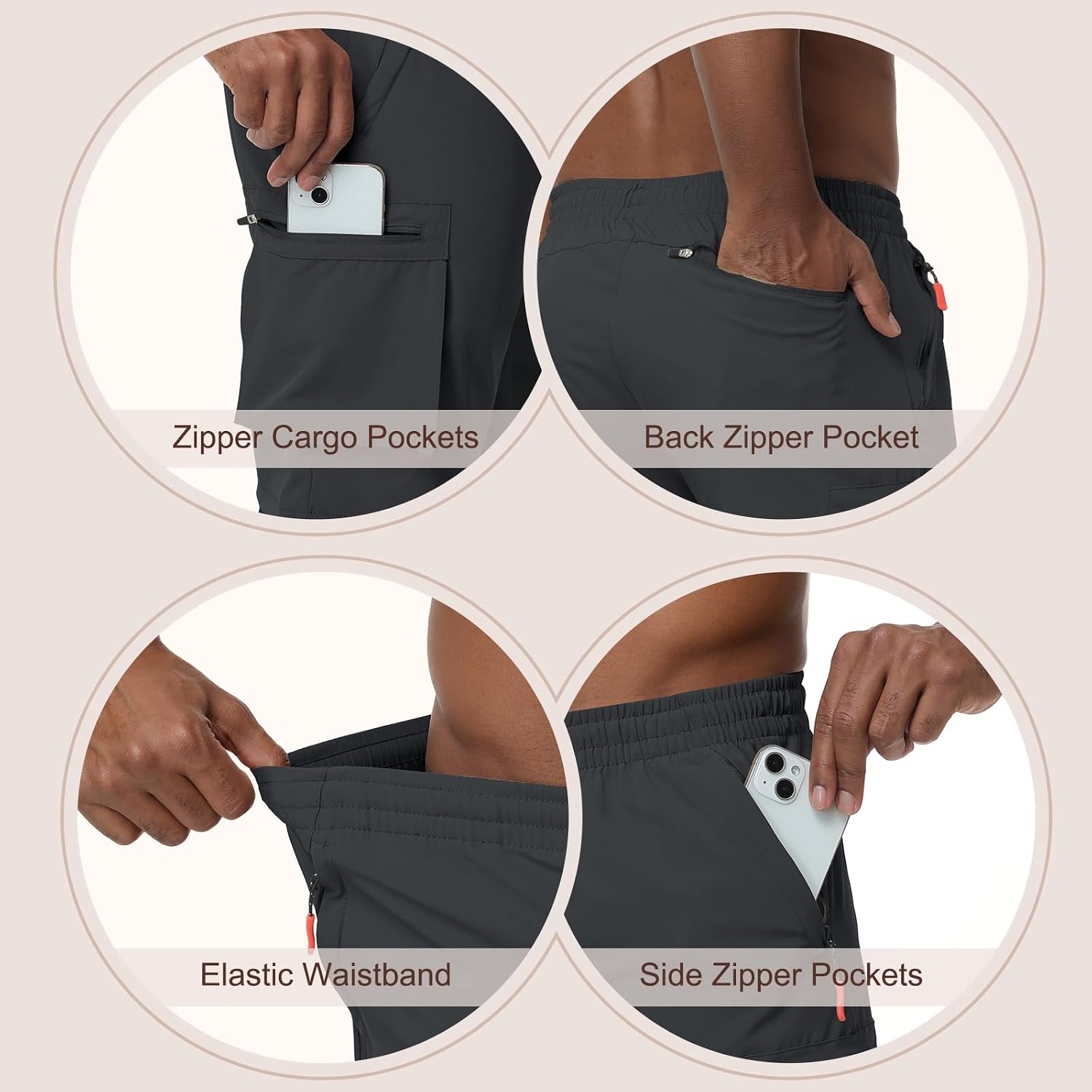 Men's Drawstring Cargo Hiking Shorts Lightweight Elastic Waist Stretch Casual Athletic Khaiki Shorts with 5 Zipper Pockets