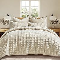 RECYCO King Size Luxury Velvet Quilt Set - Ultra Soft Lightweight All-Season Comforter with 2 Shams, Beige Oversized Bedspread