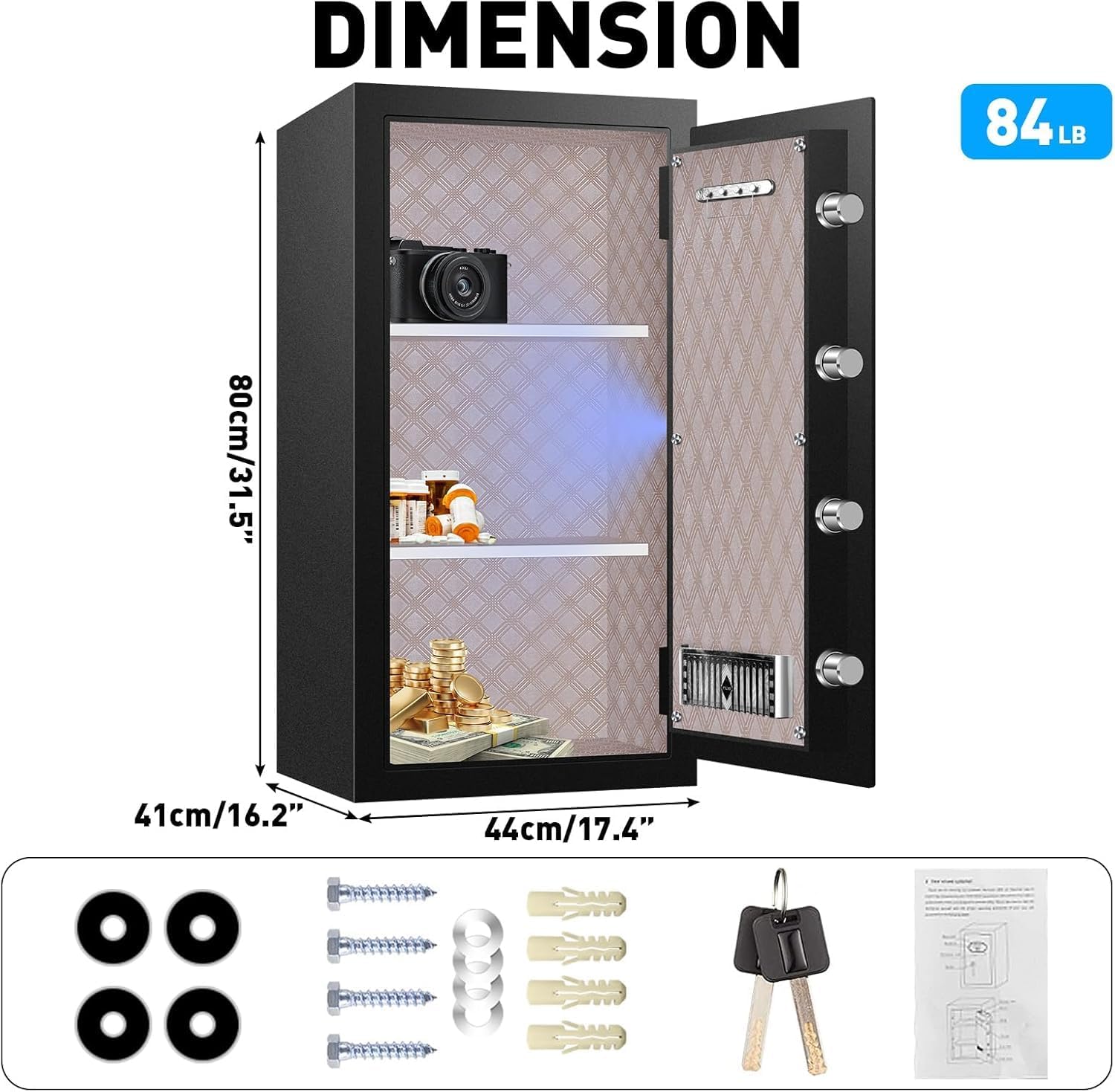 ToruKeep DLA80 safe dimensions and included accessories: expansion screws, washers, and emergency keys.