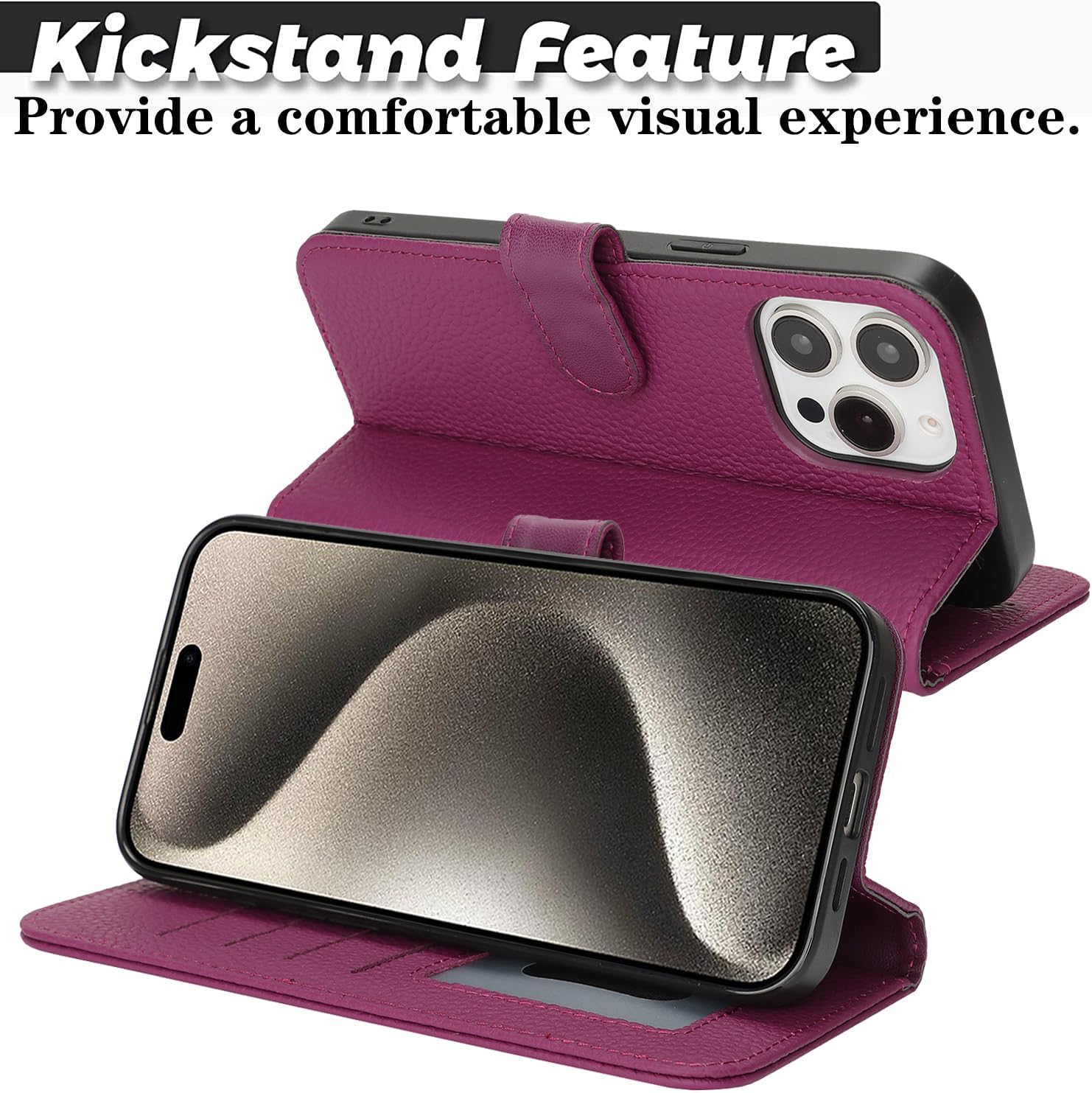 Zouzt Case for iPhone 15 Pro Max 6.7" Genuine Leather Wallet Case with 4 Card Slot, RFID Blocking Card Holder Magnetic Flip Folio Shockproof Phone Cover Women Men for iPhone 15 Pro Max - Rose Purple