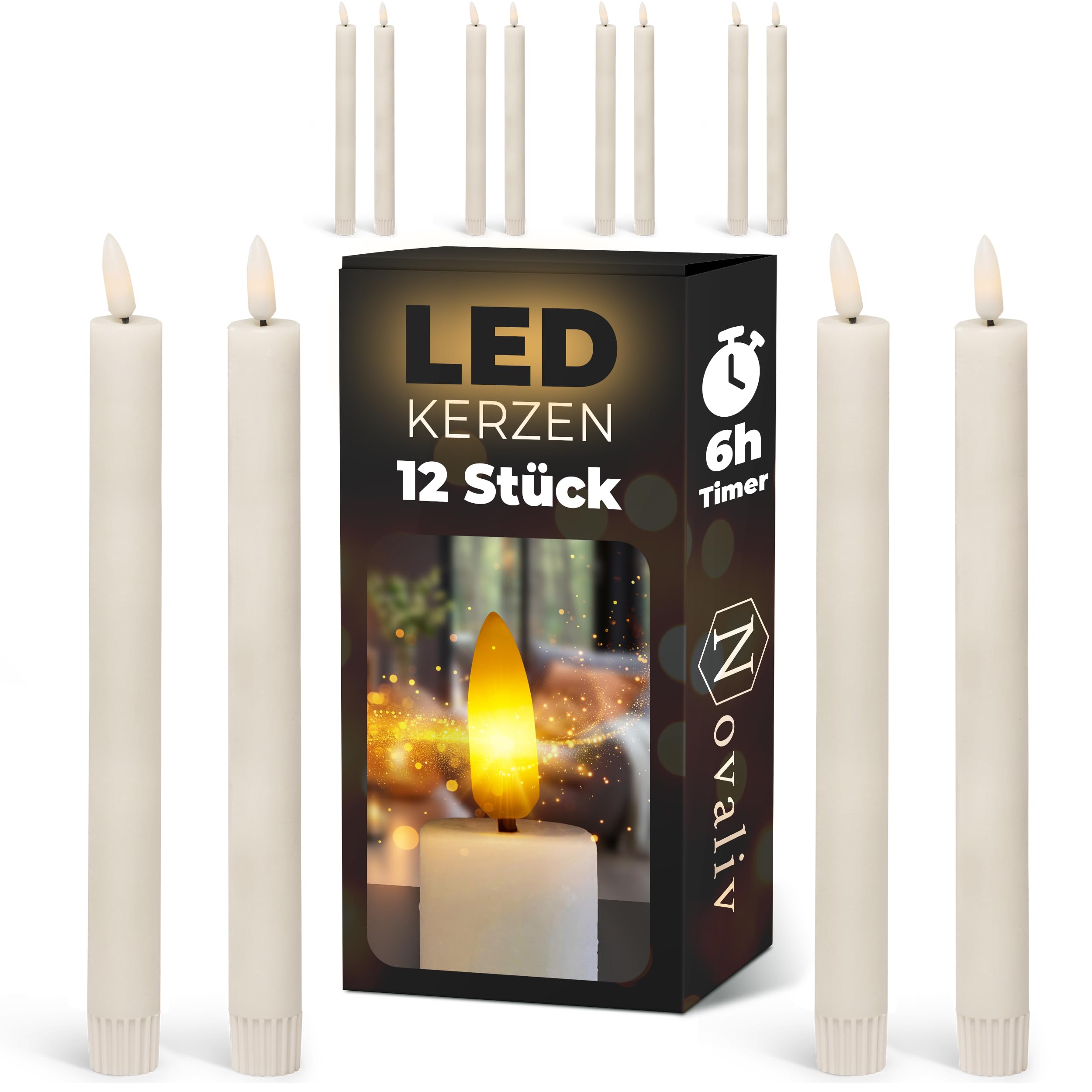 Novaliv Set di 12 candele a LED con funzione timer, colore bianco, con timer, 22 cm di altezza, per 2,2 cm di diametro, 1 batteria AA necessaria, candele a LED True Glow