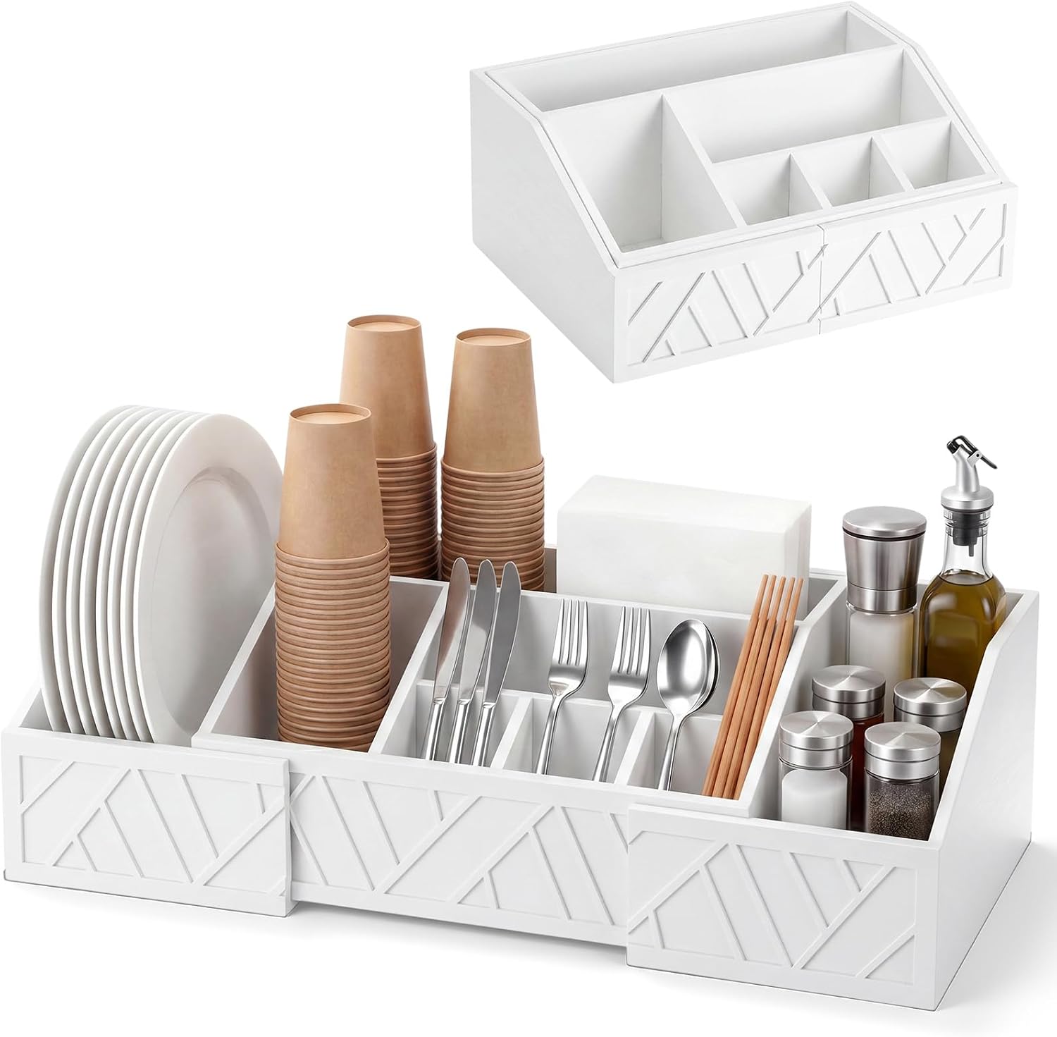 Paper Plate Dispenser Extendable, Paper Plate Holder for Kitchen Counter Wood Silverware Utensil Caddy Cutlery Flatware Organizer Box for Cups Spoons Forks Kitchen Accessories (White)