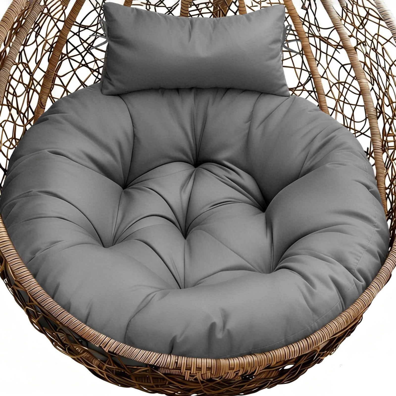 Photo 1 of Uthem Outdoor Round Egg Chair Cushion Replacement, Waterproof 45" L x 45" W Thicken Hanging Swing Egg Chair Cushions with Headrest Pillow, Soft Wicker Basket Eggs Chairs Pad for Garden Offices, Grey