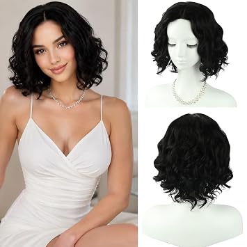 Black Wigs for Women Short Curly Wavy Black Bob Wig Middle Part Wig Heat Resistant Synthetic Wigs for Daily Use Cosplay Costume Party