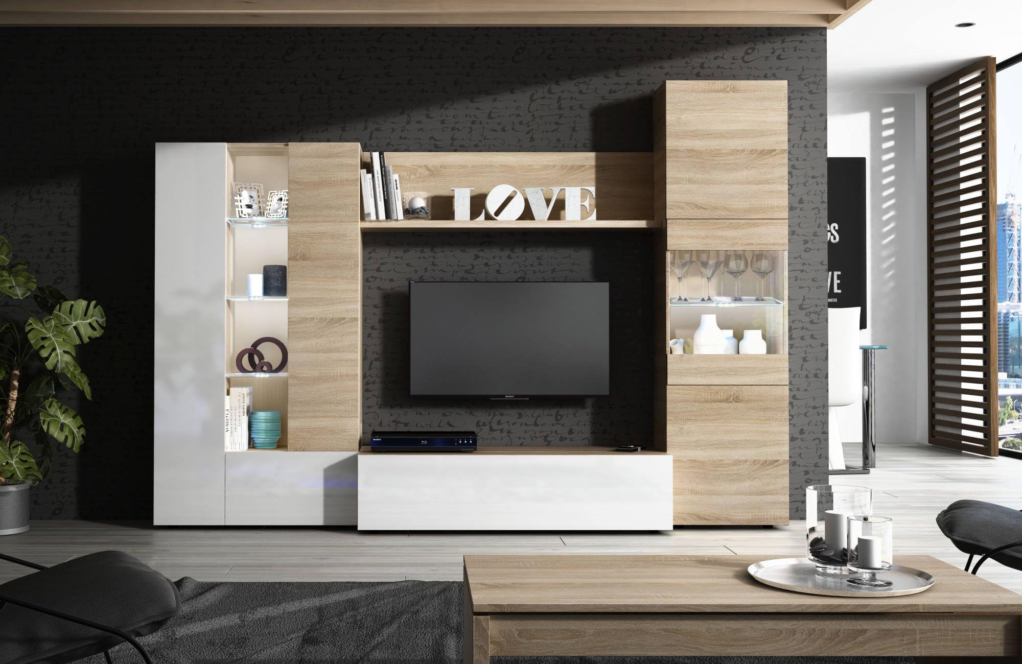 Habitdesign Modèle Essential Meuble TV compact 260 cm, finition chêne canadien et blanc brillant, dimensions : 185 x 260 x 42 cm (H x l x P).
