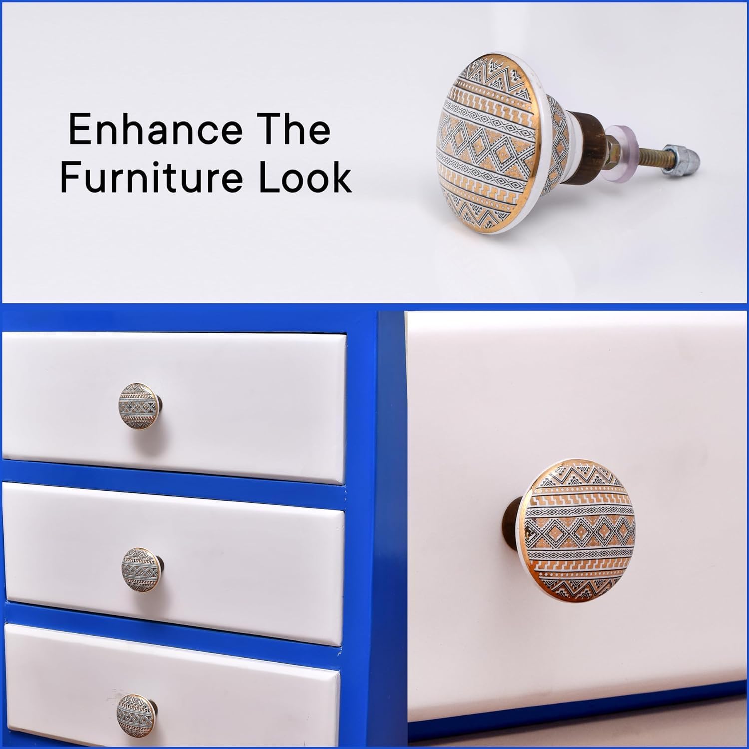 Indian Shelf 6 Piece Floral Ceramic Gold Chic Cabinet Handles Drawer Knobs Dresser Pulls Designer Finish