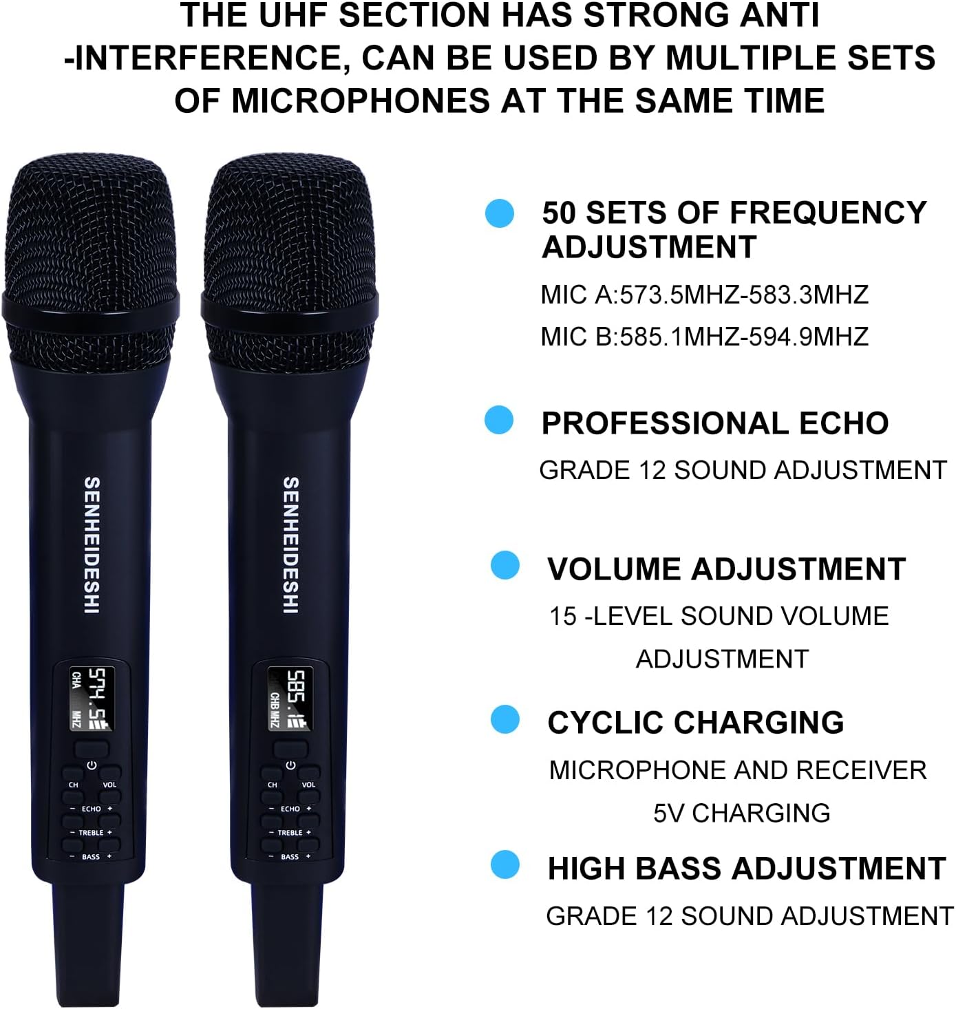 UHF Rechargeable Wireless Microphone System with 2 x Handheld Mic, 1/4" Mini Portable Rechargeable Bluetooth Receiver, Built-in EQ, Effects for Karaoke, Events, Church, Meetings