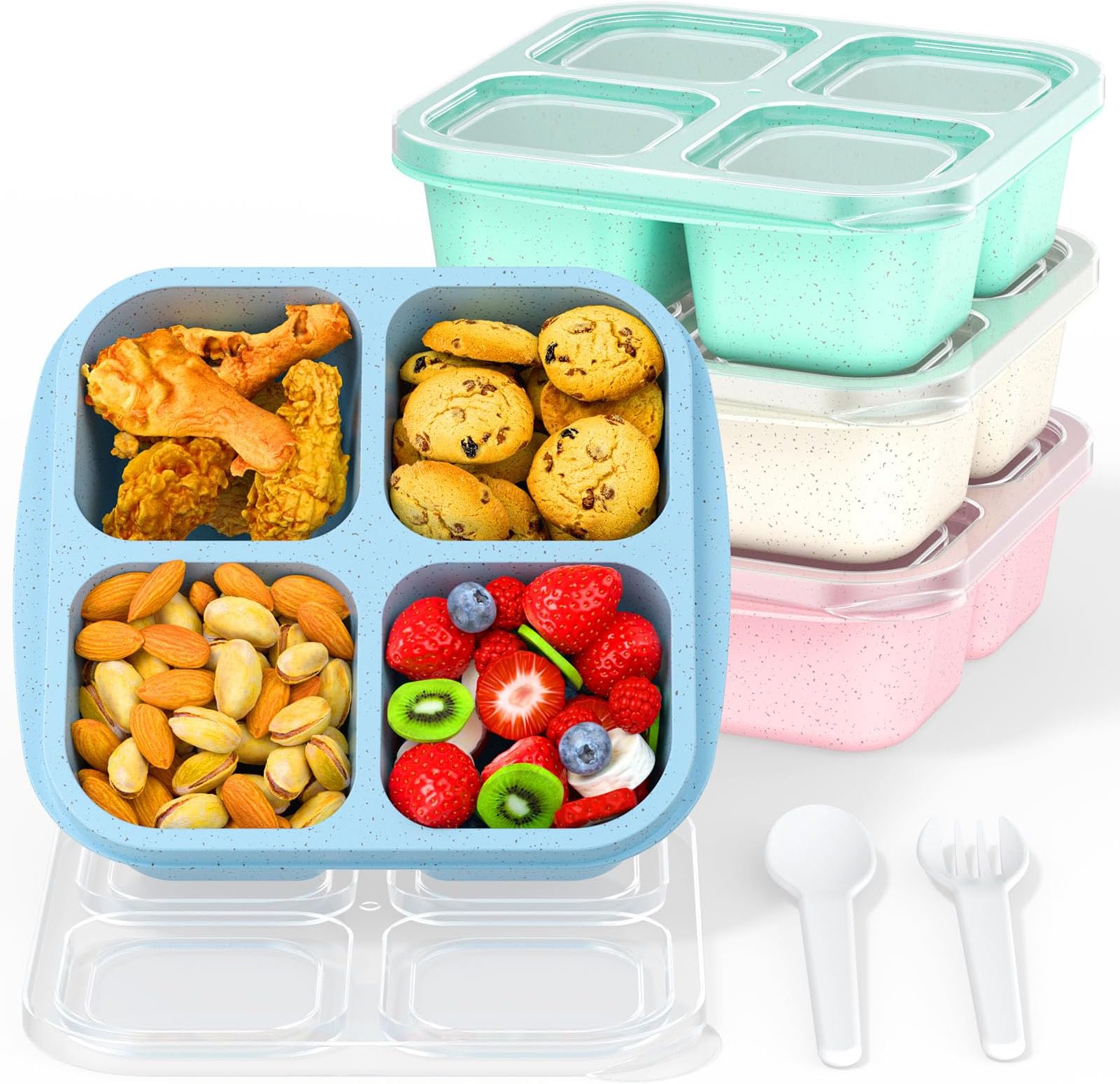 RGNEIN Bento Snack Boxes (4 Pack)- Reusable 4-Compartment Meal Prep Containers for Kids and Adults, Perfect Food Storage School, Compact Stackable (Wheat(Green/Blue/PK/Beige))