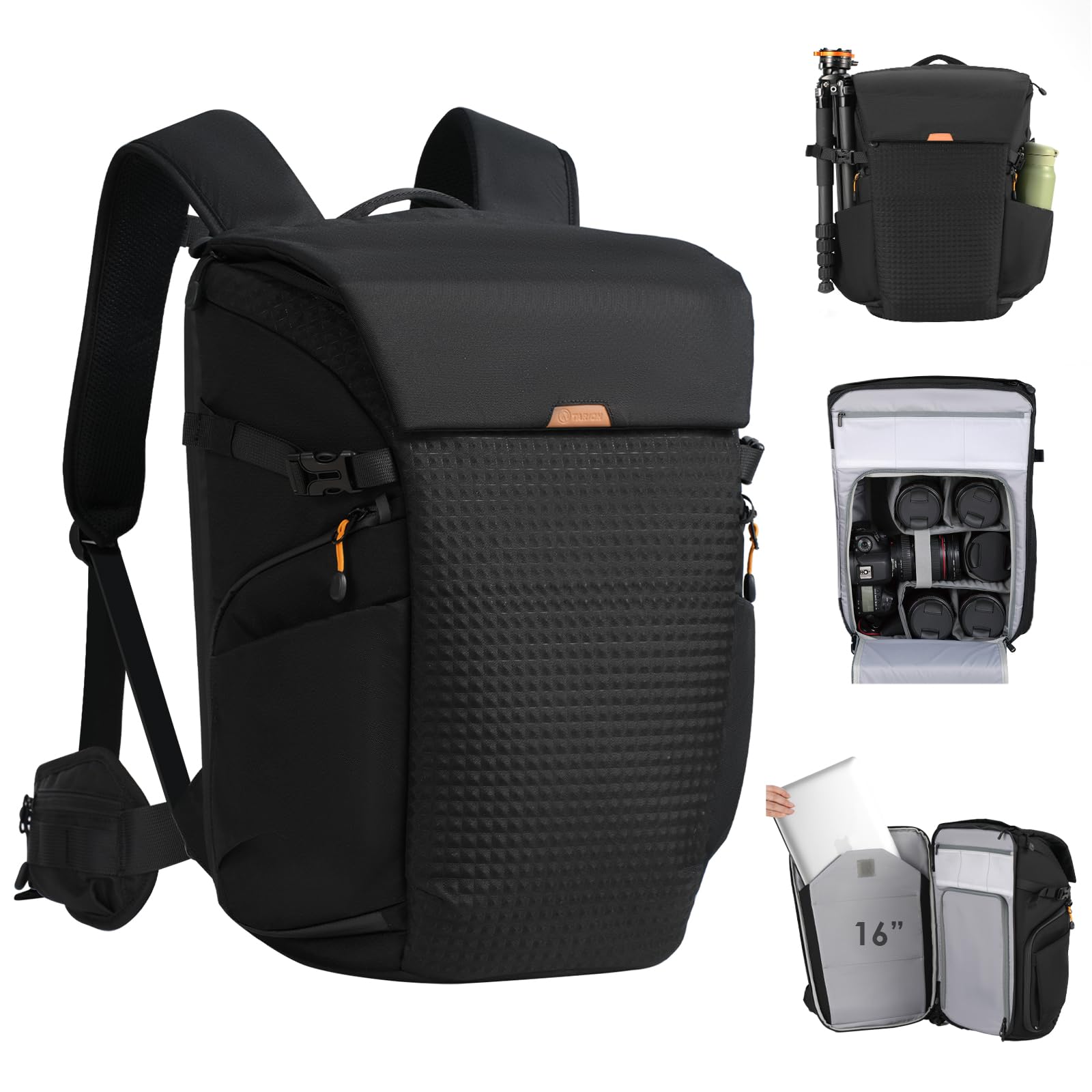 TARION Mochila Fotográfica Grande Profesional - Compartimento Portátil 16'' + Acceso Lateral/Trasero Rápido con Cubierta Impermeable y Cinturón Desmontable - Para Cámaras DSLR Thorner