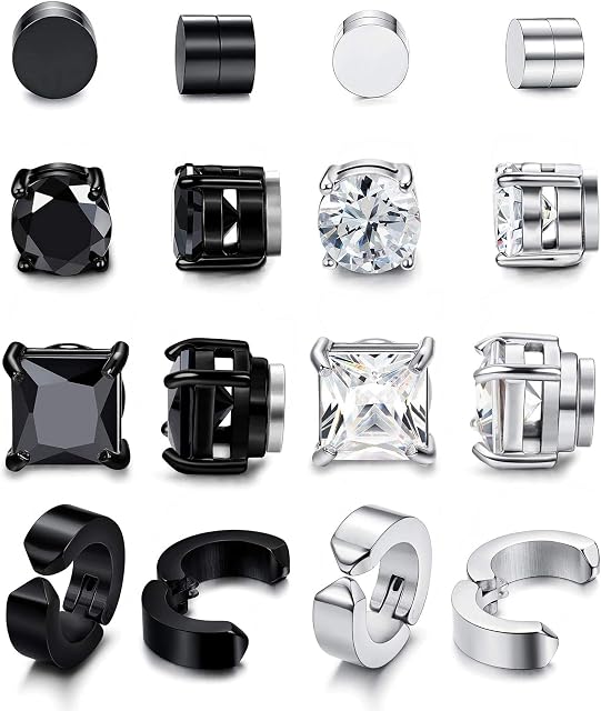 KALVICA 8 Pairs Stainless Steel Magnetic Stud Earrings for Men Women Black Cubic Zirconia Magnet Fake Clip Non Pierced Stud Earrings Hypoallergenic Earrings Set 6/8/10 mm Diameter