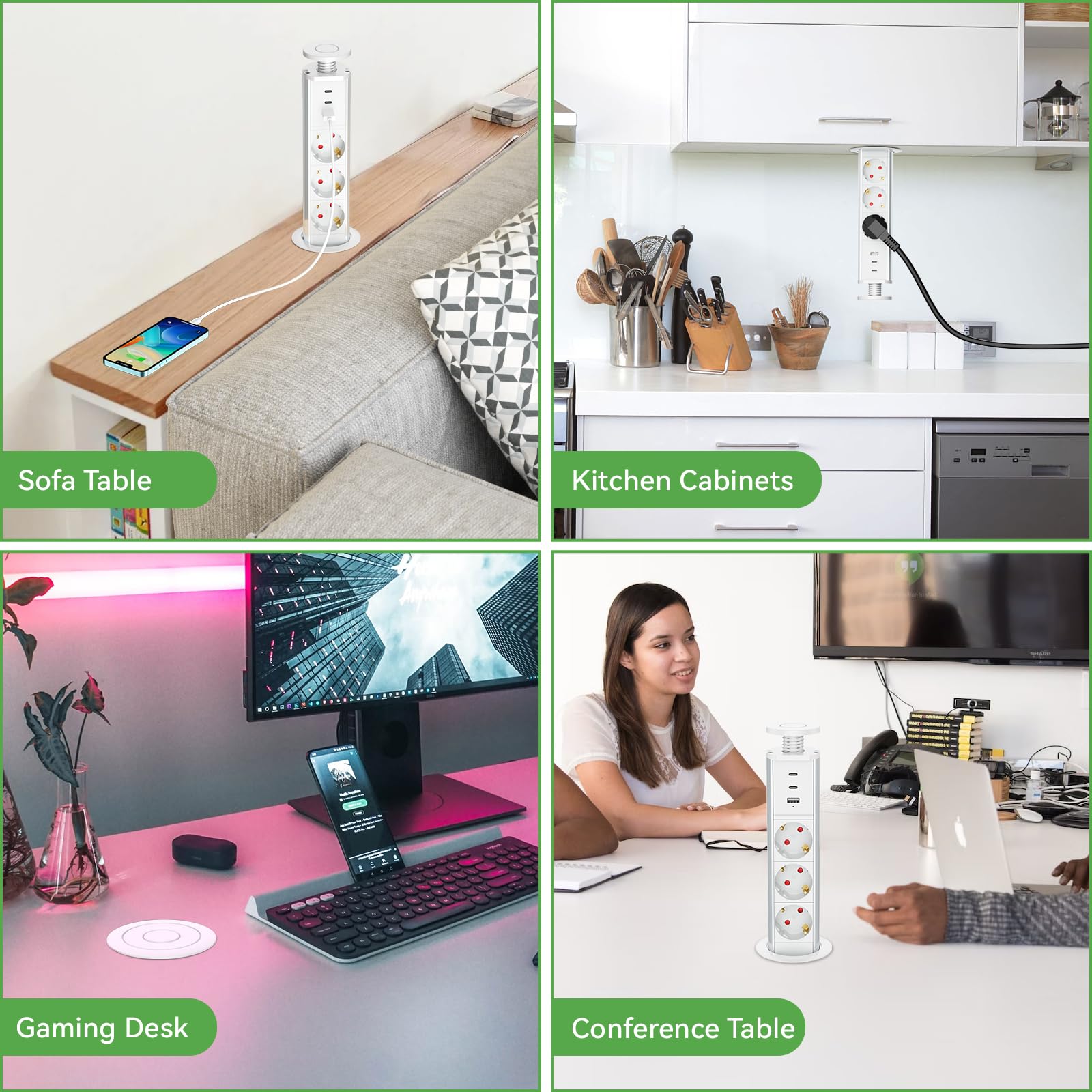 Enchufe retráctil C PD 20 W USB empotrable de 3 enchufes y 1 Puerto USB, para encimera, Cocina, Oficina, regleta con Cable de 1,8 m, Color Blanco
