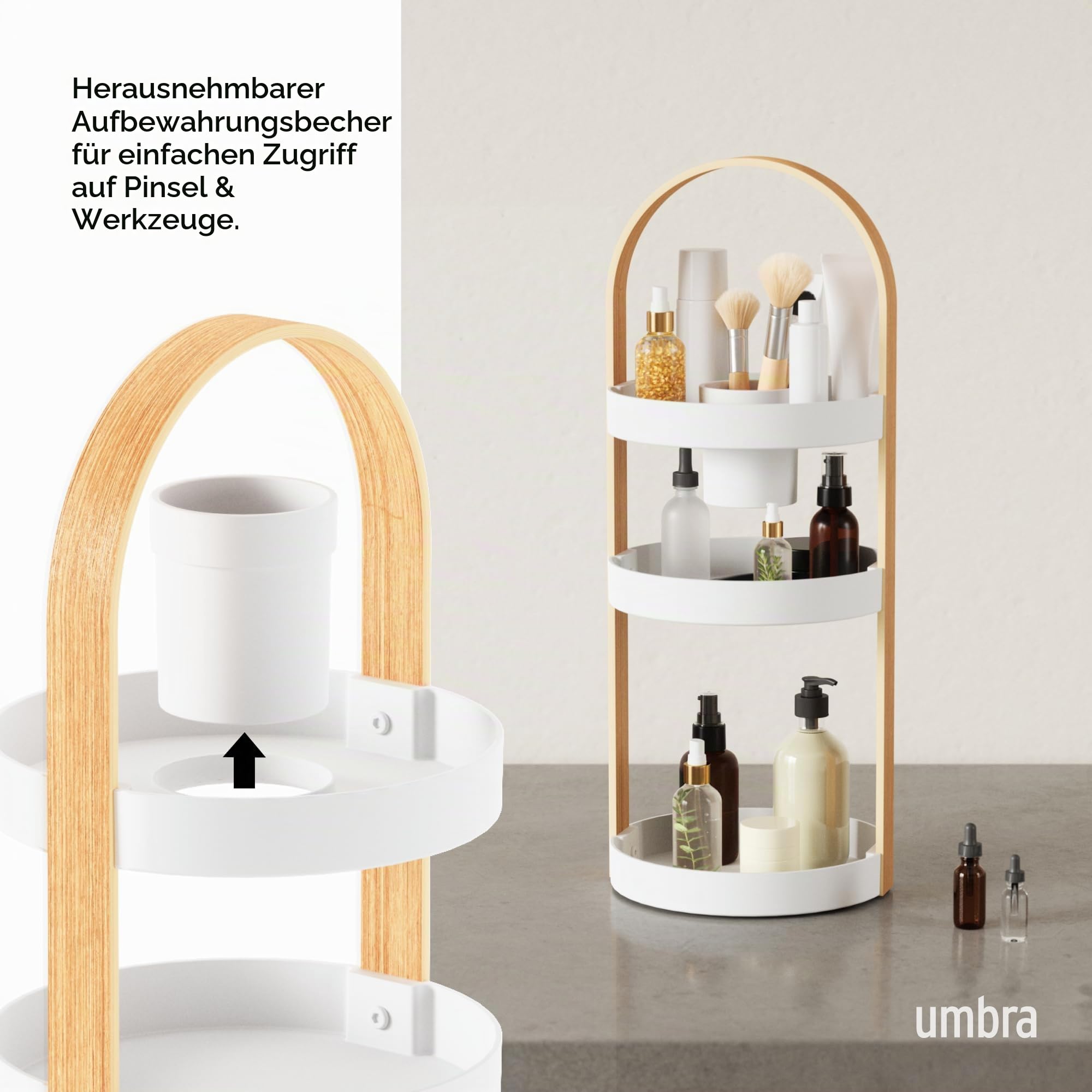 Umbra Bellwood Kosmetik Organizer, Drehbar mit Holzgriff, Weiss/Natur | Drei geräumige Ebenen, herausnehmbarer Behälter für Pinsel, integrierter Tragegriff, passt auf jeden Waschtisch
