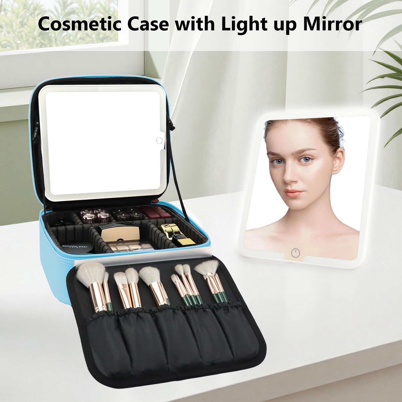 Make-up-Tasche mit LED-Spiegel, Reise-Make-up-Organizer mit 3 beleuchteten Einstellungen, verstellbaren Trennwänden und Make-up-Pinsel-Aufbewahrung, 8-blau