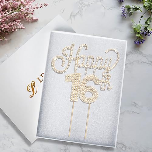 Miniatura 505 de LINGTEER Decoración de pastel de diamantes de imitación dorados para cumpleaños número 15 – Cheers to 15th Birthday Quince años de edad, decoración