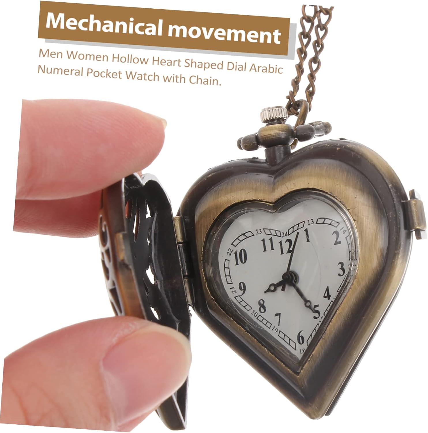 NOLITOY Vintage Bronze Heart Shaped Mechanical Pocket Watch with Removable Chain for Men and Women Hard Metal Arabic Numeral Dial Precise Timekeeping