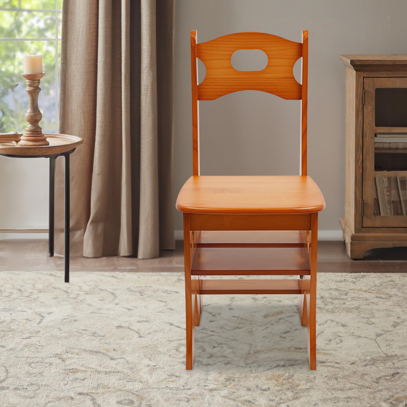Sgabello pieghevole a 4 livelli, in legno, trasformabile, scaletta e sedia per scale, multifunzione, portata 100 kg, utilizzato per interni ed esterni (caramello)