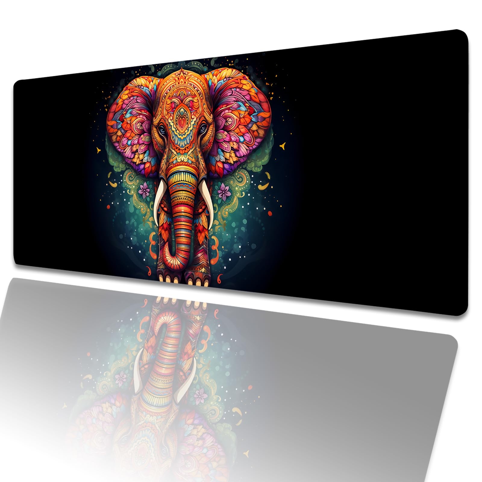 Mandala Elephant Gaming Mouse Pad 31.5x11.8in,Indian Large Extended Desk Mat with Non-Slip Rubber Base,Corlorful Big Mousepad for Laptop Computer PC,for Office Home Decor,Deskmat Gifts